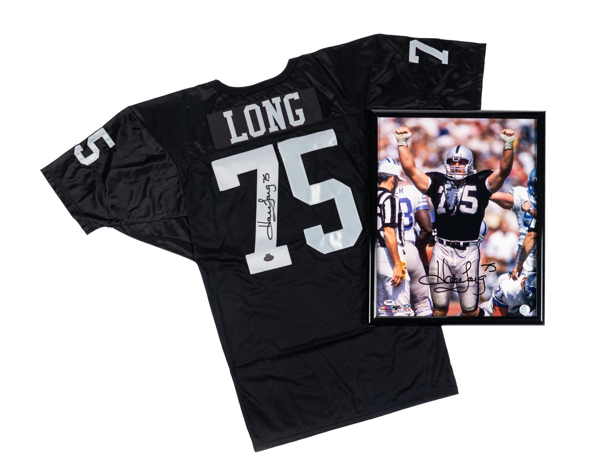 A Group of Howie Long Signed Autograph Items Featuring a Game Model Raiders Jersey