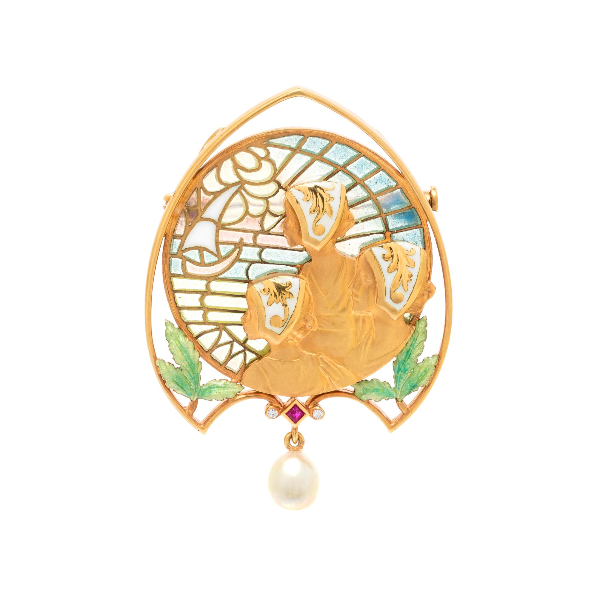MASRIERA, PLIQUE-À-JOUR ENAMEL AND CULTURED PEARL PENDANT/BROOCH