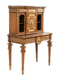 A Louis XVI Style Gilt Bronze Mounted Amaranth, Burr Maple and Kingwood Parquetry Marble-Top Bonheur du Jour