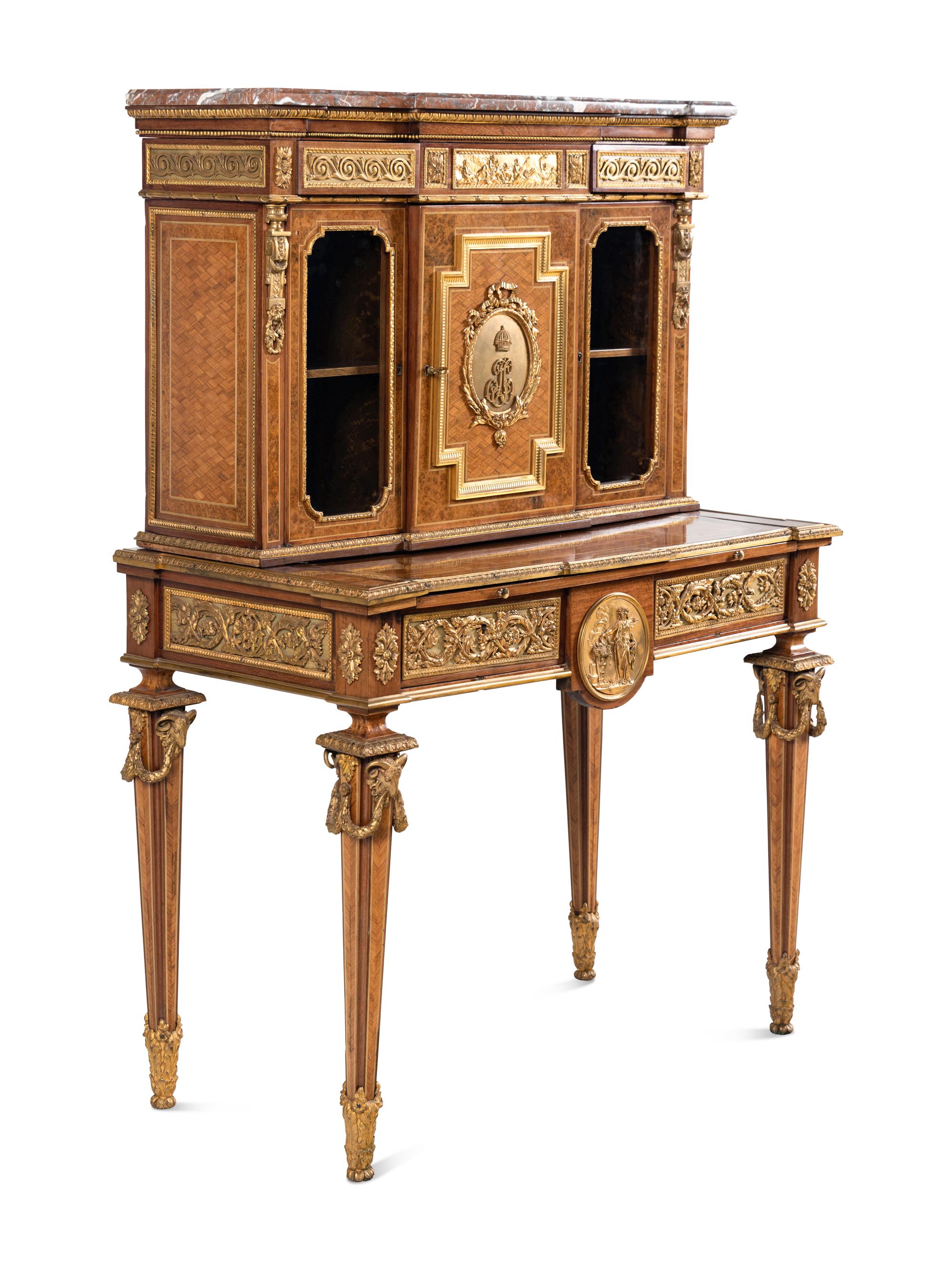 A Louis XVI Style Gilt Bronze Mounted Amaranth, Burr Maple and Kingwood Parquetry Marble-Top Bonheur du Jour