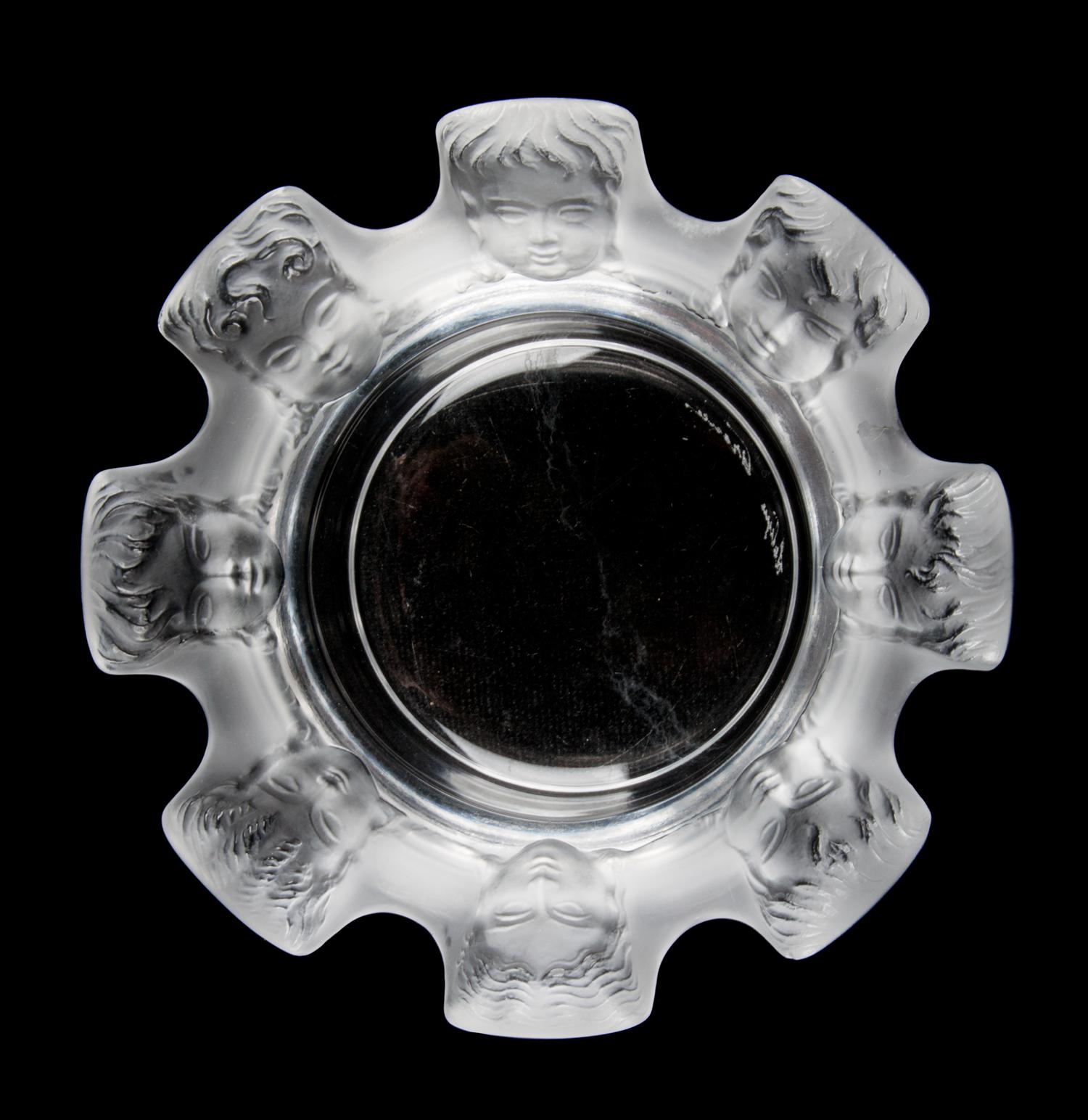 A Lalique Molded and Frosted Glass Ash Receiver Diameter 4 1/2 inches.