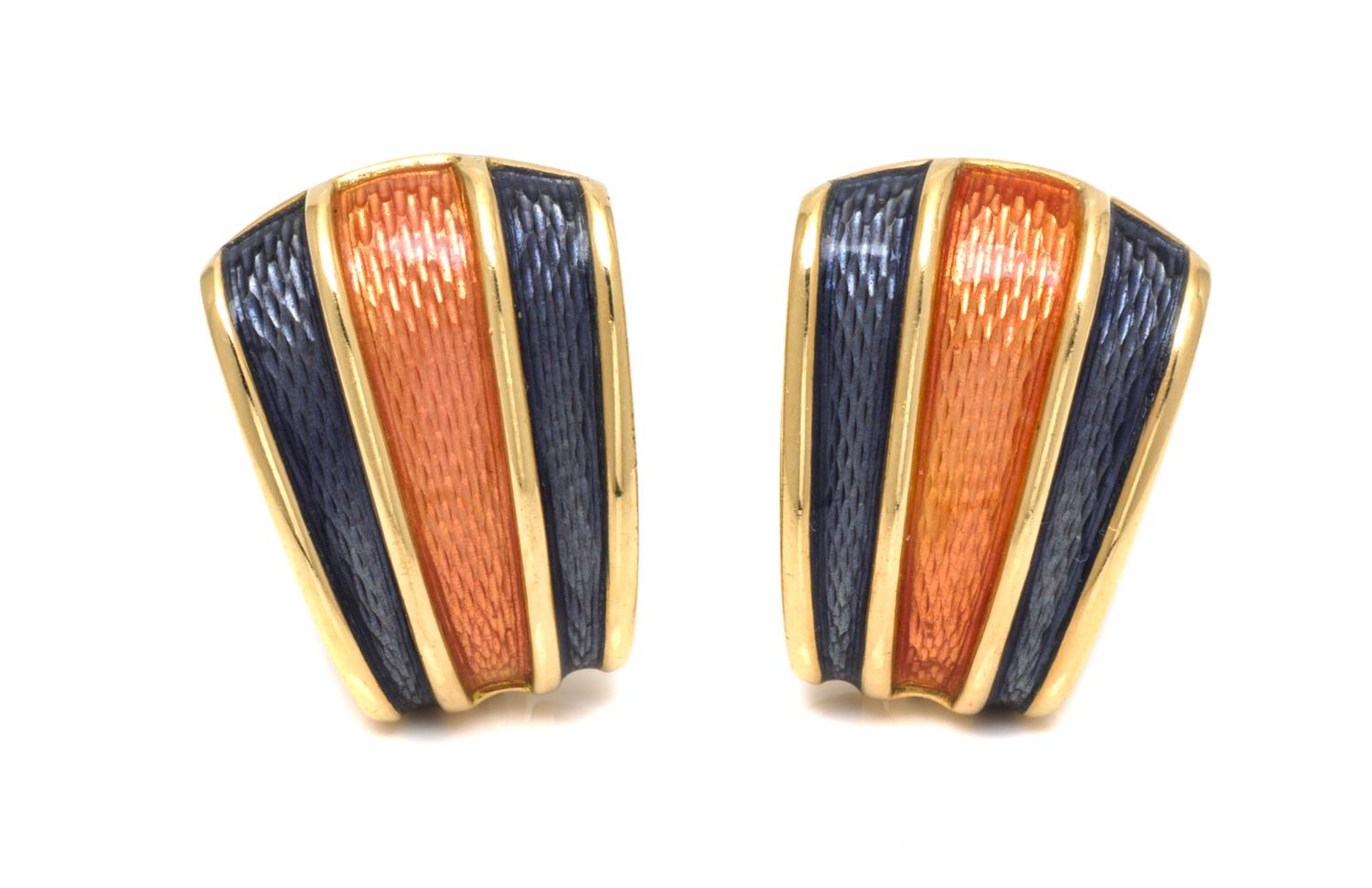 A Pair of 18 Karat Yellow Gold and Polychrome Enamel Earclips, de Vroomen, 13.90 dwts.