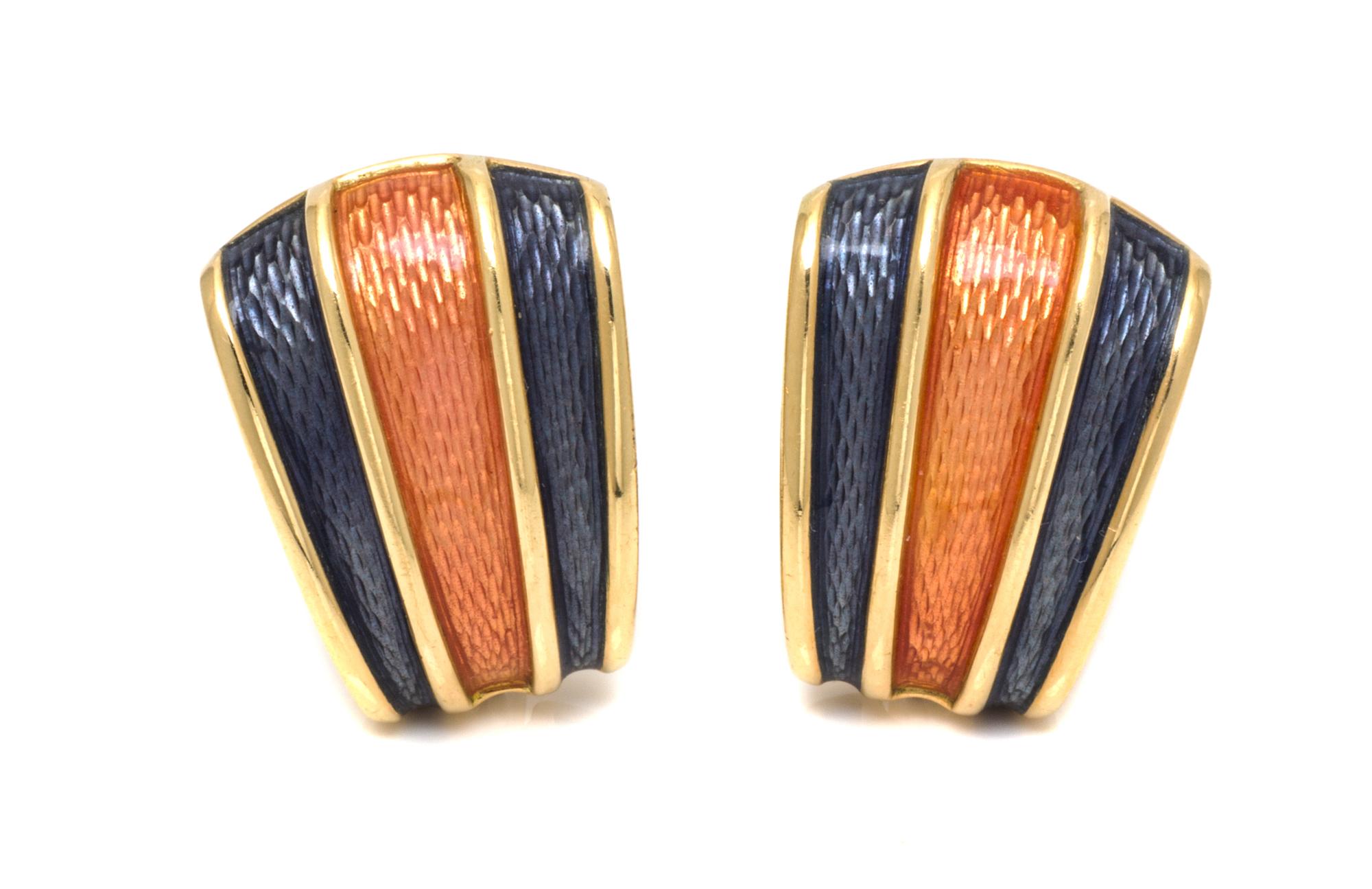 A Pair of 18 Karat Yellow Gold and Polychrome Enamel Earclips, de Vroomen, 13.90 dwts.