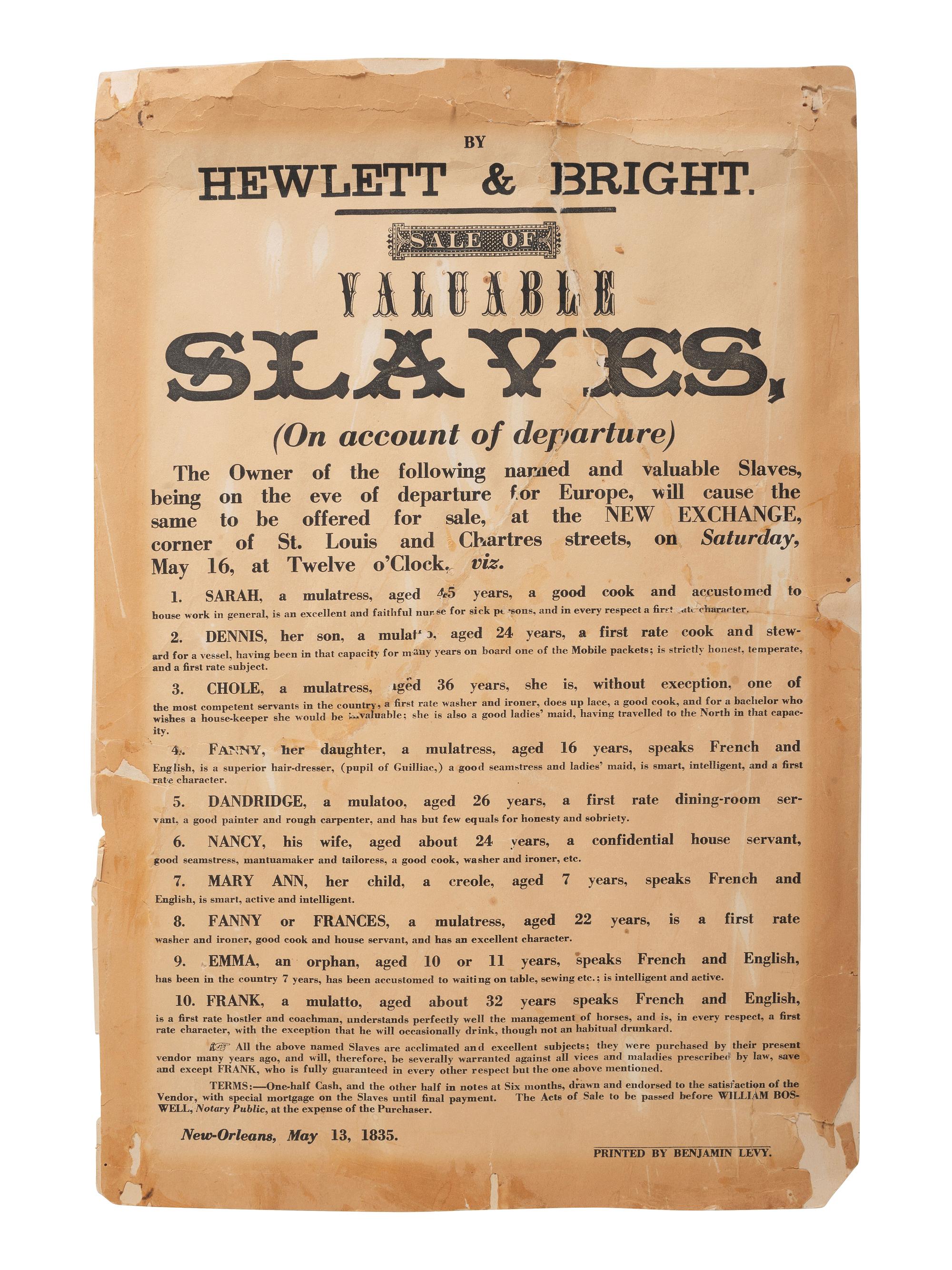 [ENSLAVEMENT & ABOLITION] By Hewlett & Bright. Sale of Valuable Slaves . New Orleans, later printing.