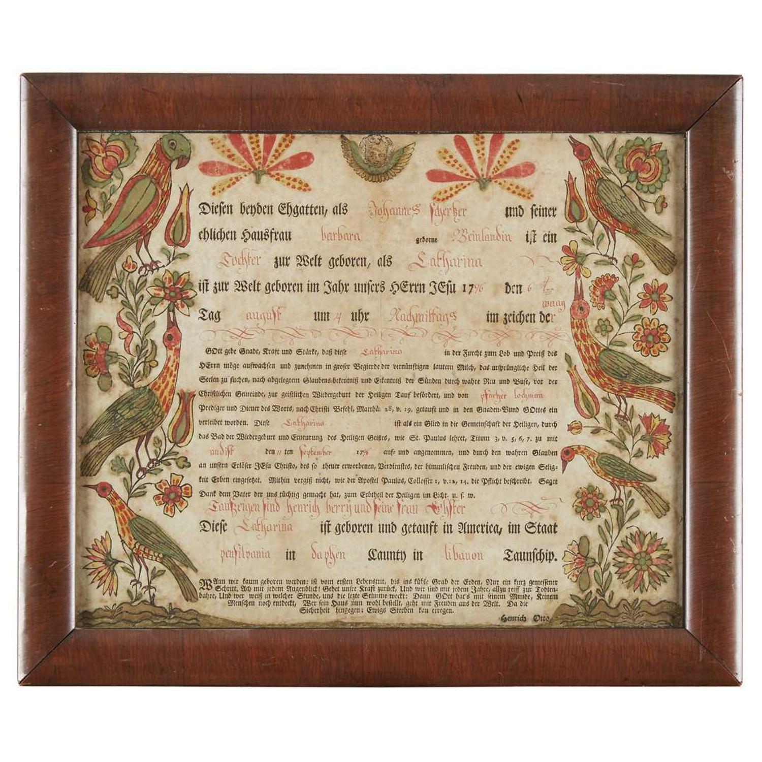 Attributed to Henrich Otto (active 1772-1788) and Daniel Otto (c. 1770-1822) Fraktur: birth and baptismal record for Catharina Scherster, Lebanon Township, Dauphin County, PA, dated "1796"