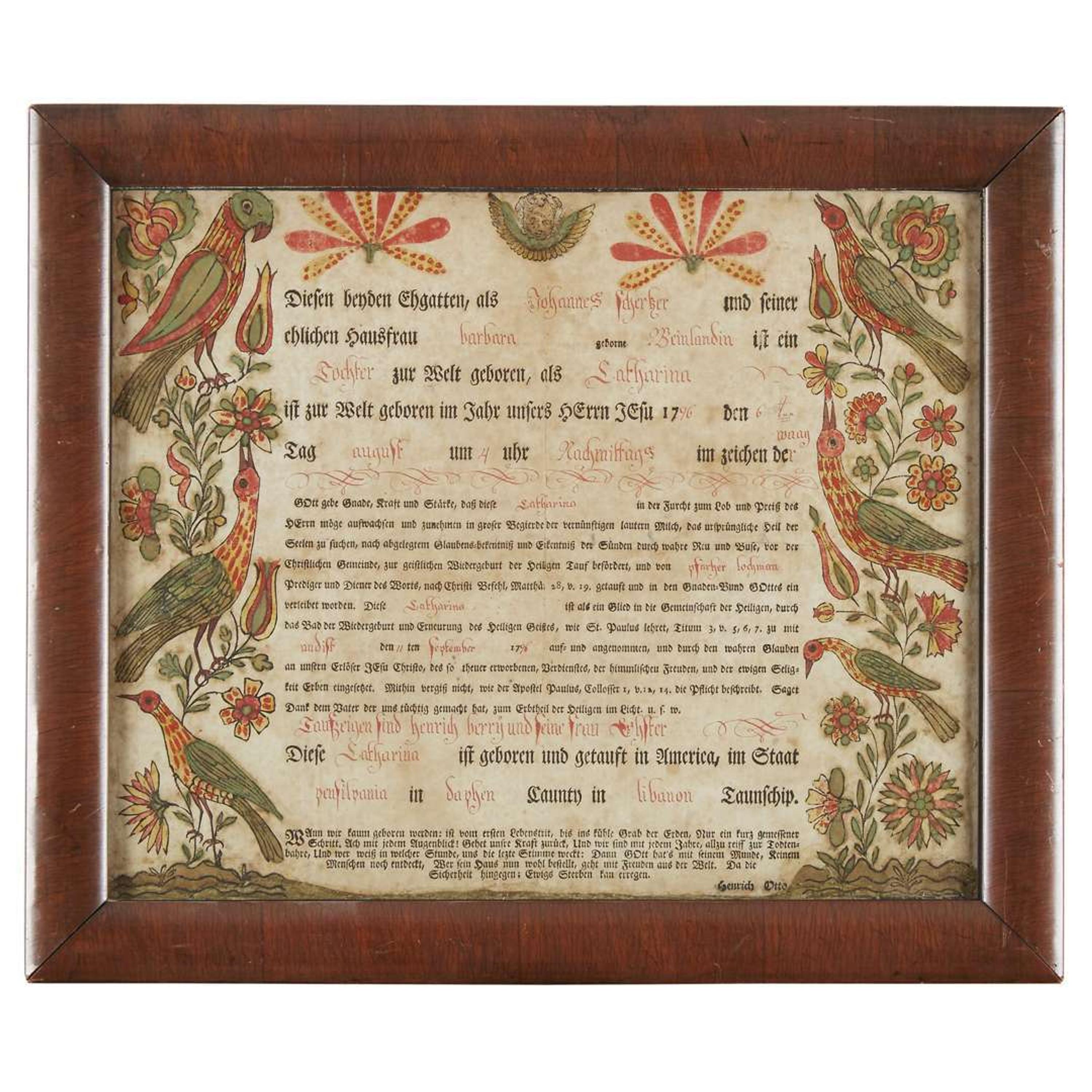 Attributed to Henrich Otto (active 1772-1788) and Daniel Otto (c. 1770-1822) Fraktur: birth and baptismal record for Catharina Scherster, Lebanon Township, Dauphin County, PA, dated "1796"