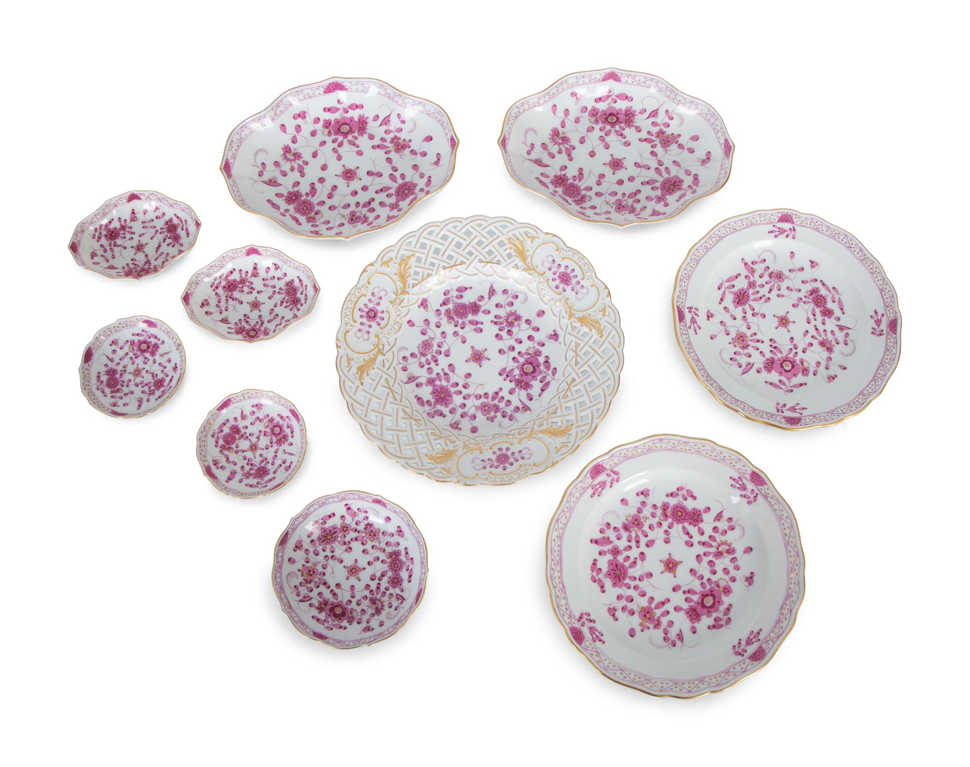 Ten Meissen Porcelain Articles Decorated with Puce Flowers — 20TH CENTURY