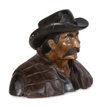 Carved Wood and Painted Mustached Cowboy