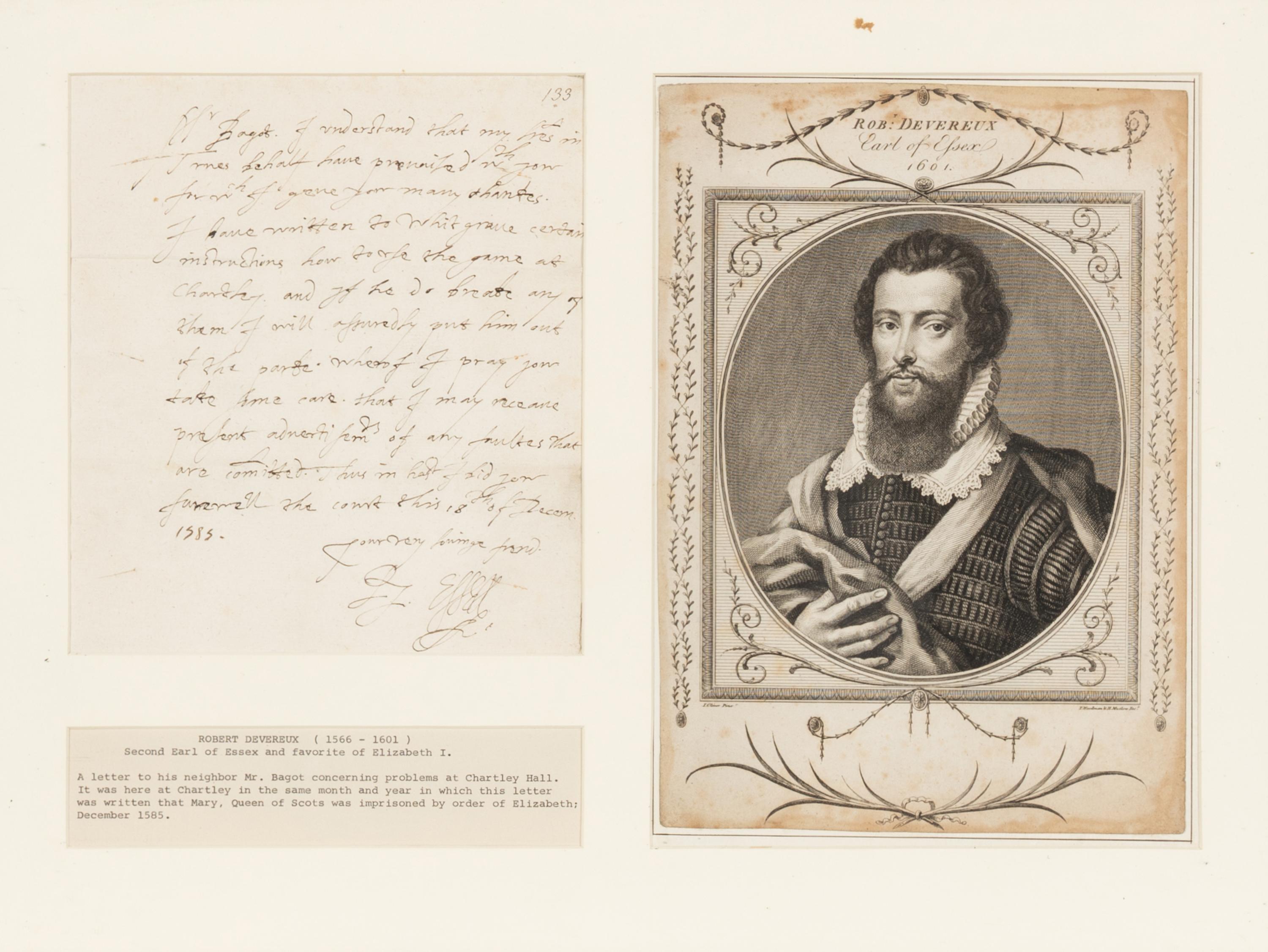 [British Isles] Devereaux, Robert. Autograph letter, signed