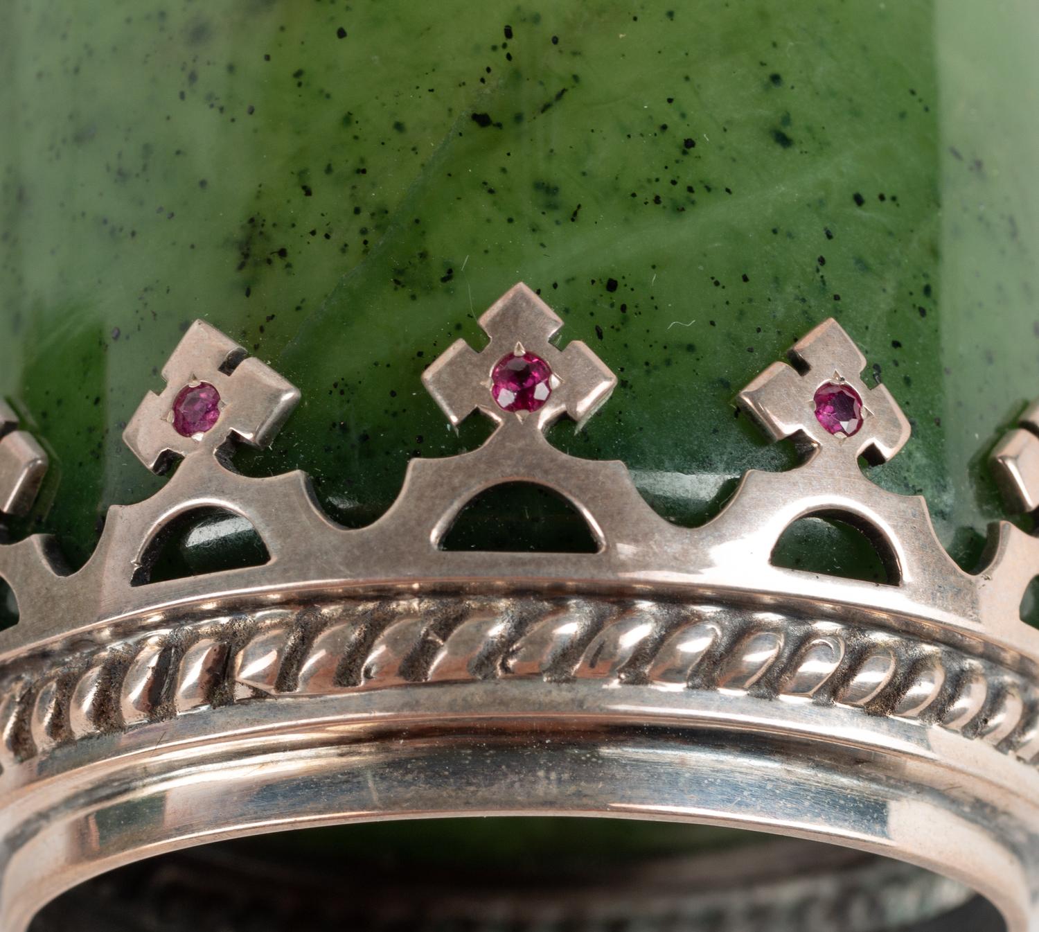 A Set of Four Silver and Ruby Mounted Spinach Jade Cups