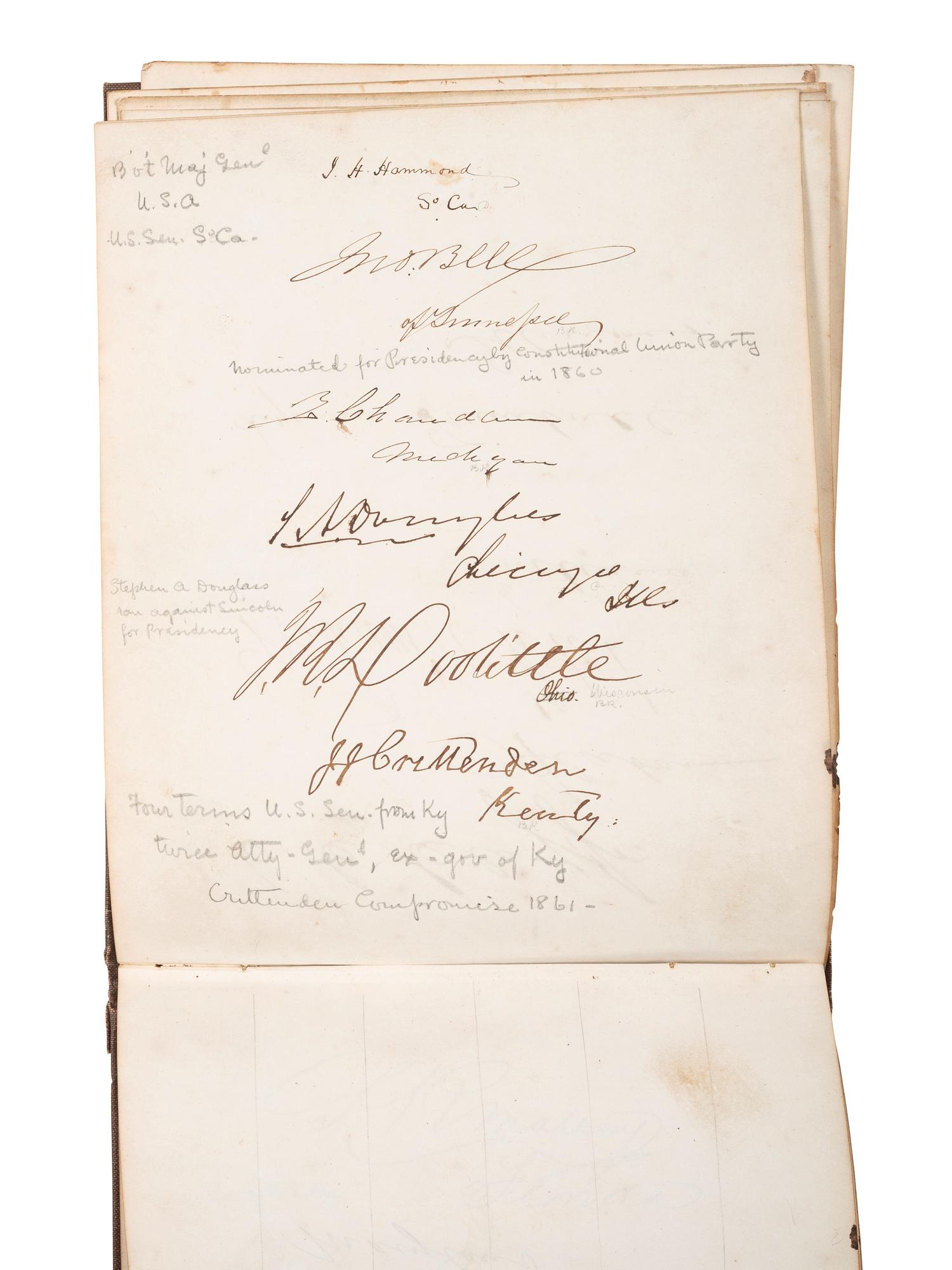 [POLITICS]. Autograph book with signatures from the James Buchanan administration, including: