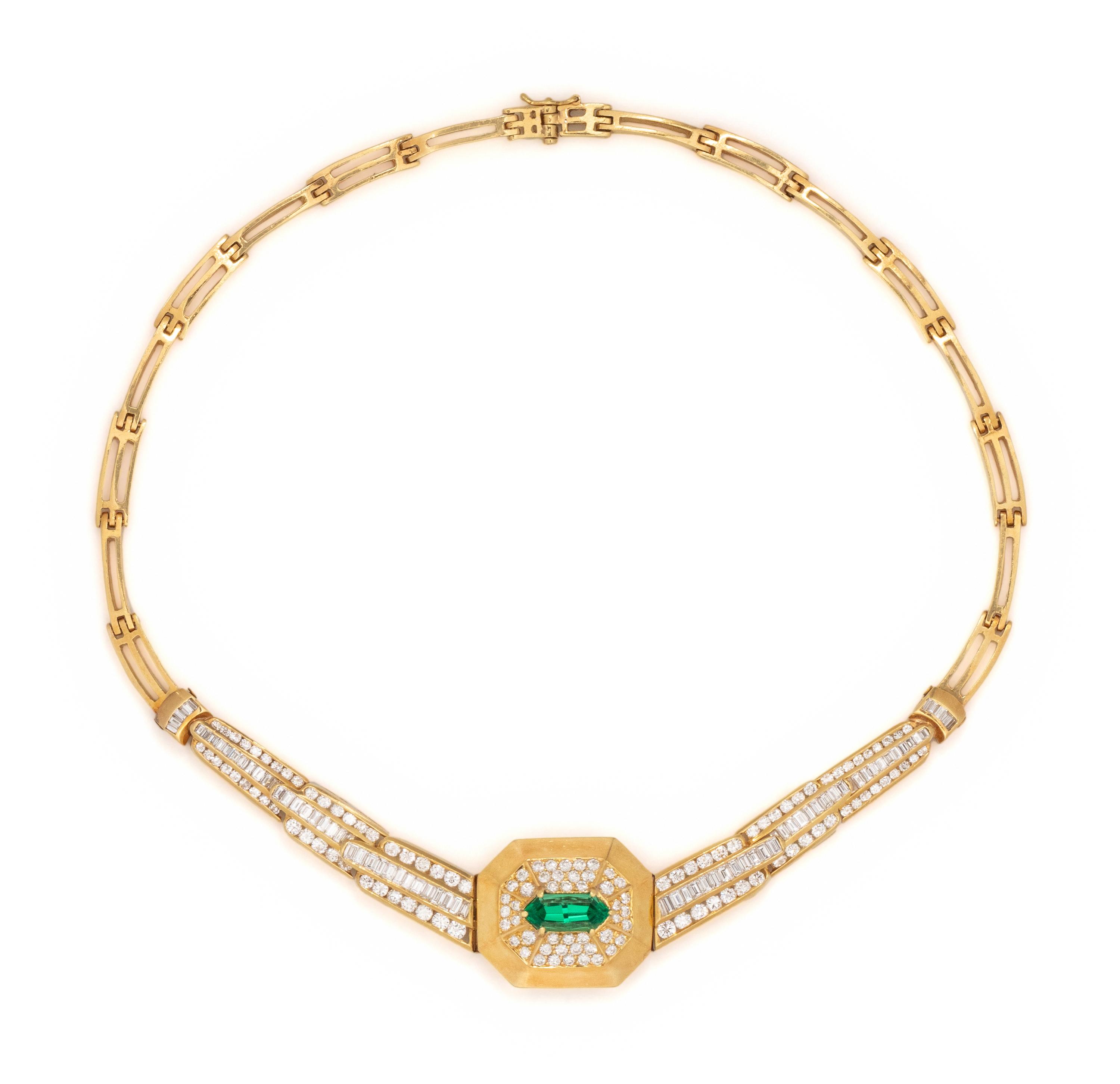 YELLOW GOLD, EMERALD AND DIAMOND NECKLACE