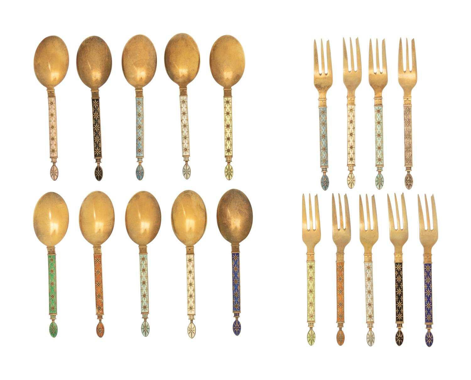 A Group of Norwegian Enameled Silver Flatware