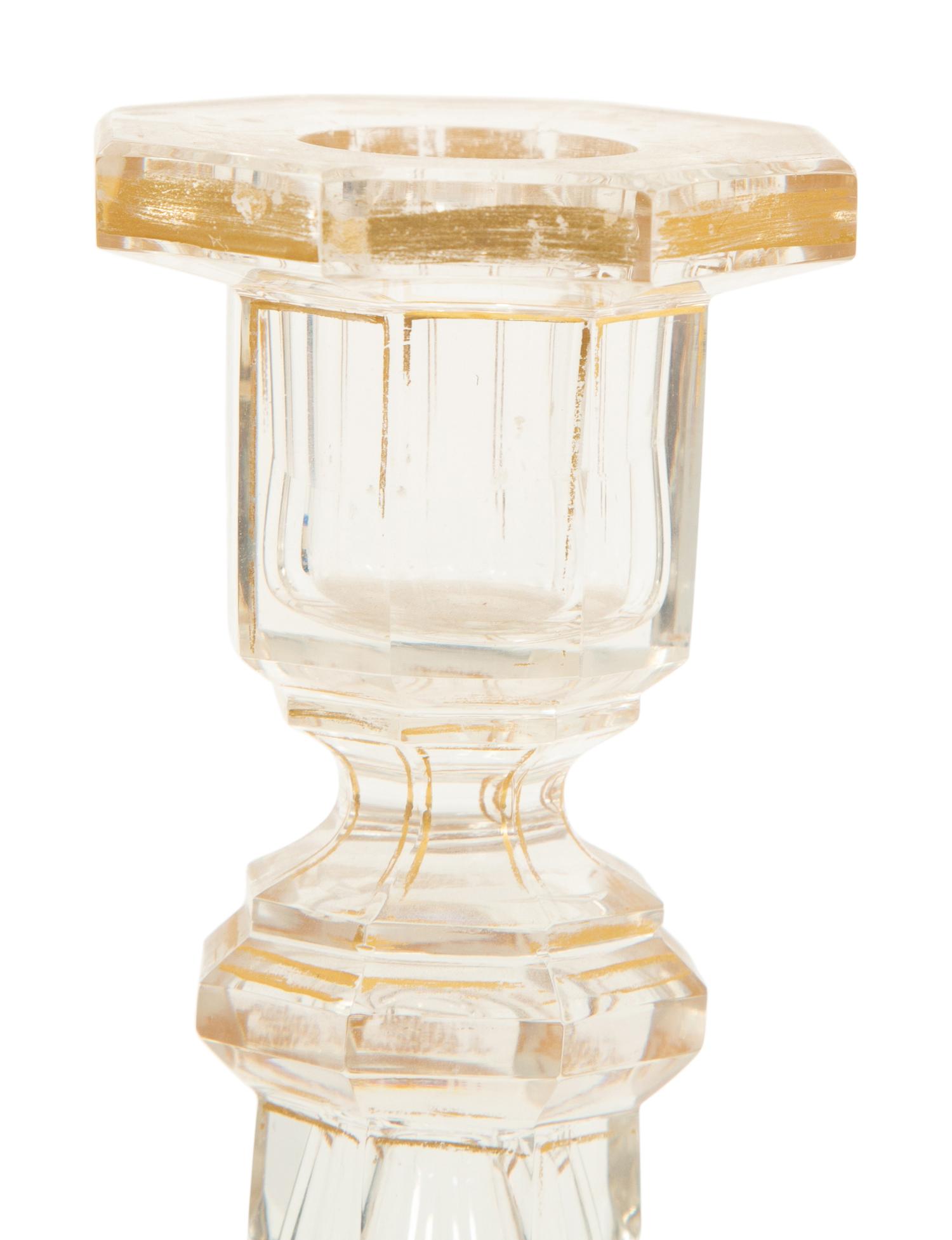 A Pair of French Gilt Decorated Cut Glass Candlesticks