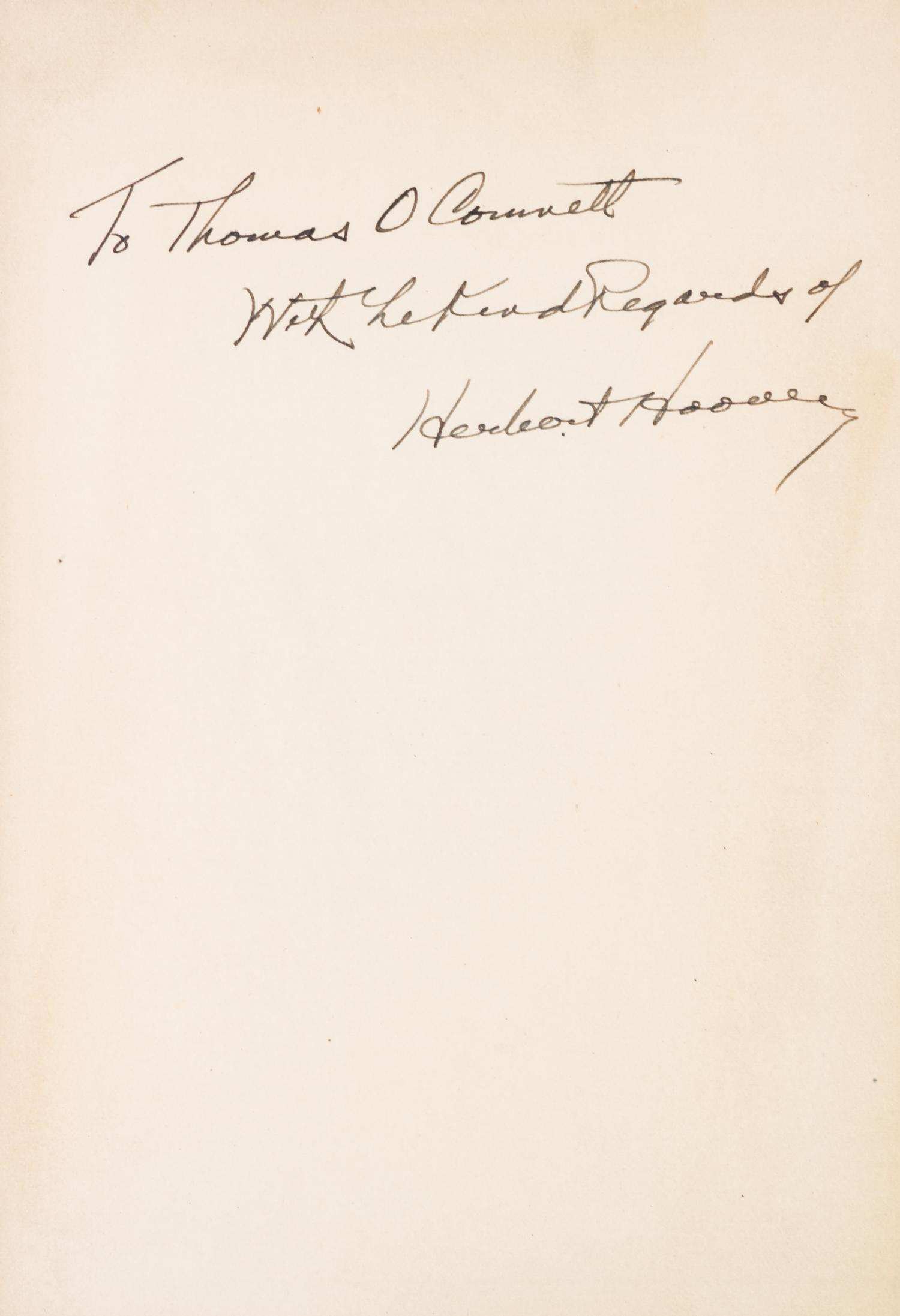 HOOVER, HERBERT. The Challenge to Liberty. New York and London, 1934. First edition, inscribed and signed by Hoover.