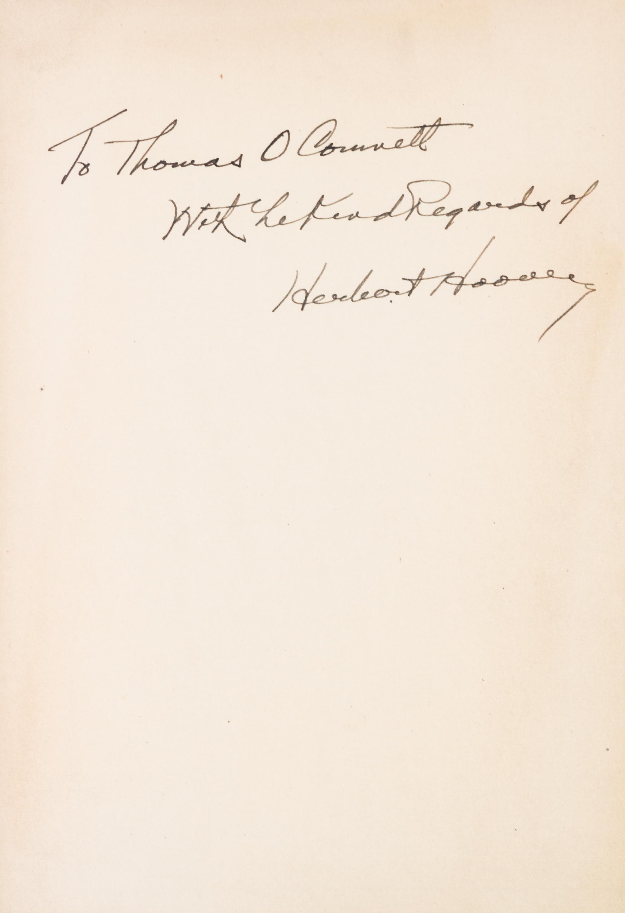 HOOVER, HERBERT. The Challenge to Liberty. New York and London, 1934. First edition, inscribed and signed by Hoover.