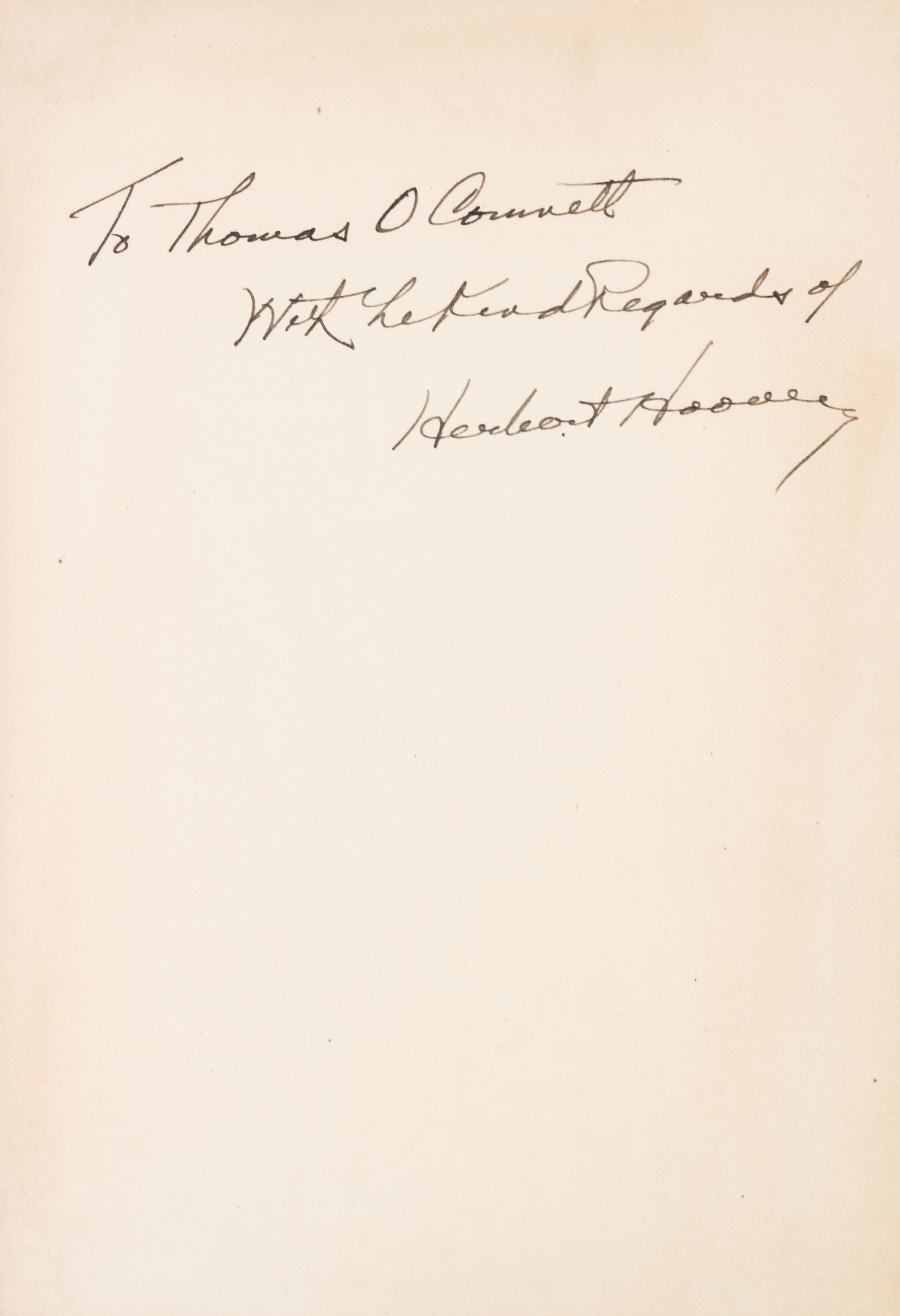 HOOVER, HERBERT. The Challenge to Liberty. New York and London, 1934. First edition, inscribed and signed by Hoover.