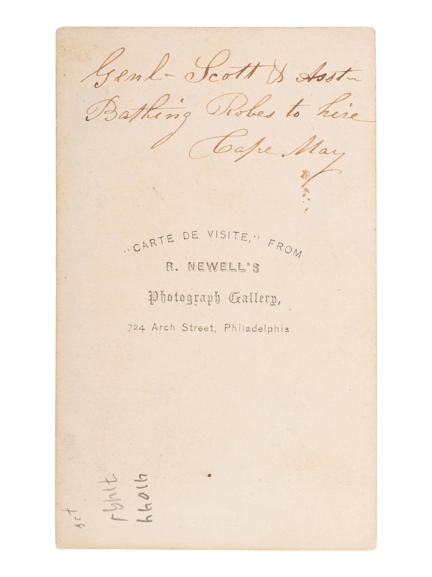 [AFRICAN AMERICANA - EARLY PHOTOGRAPHY]. Genl- Scott & Asst- Bathing Robes to hire, Cape May , [NJ]. Philadelphia, PA: R. Newell's Photograph Gallery.