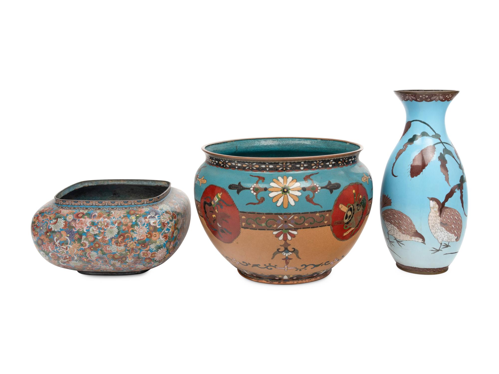 Three Japanese Blue Ground Cloisonné Vessels
