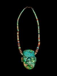 A Modern Greenstone Necklace with Olmec Style Were-Jaguar Mask