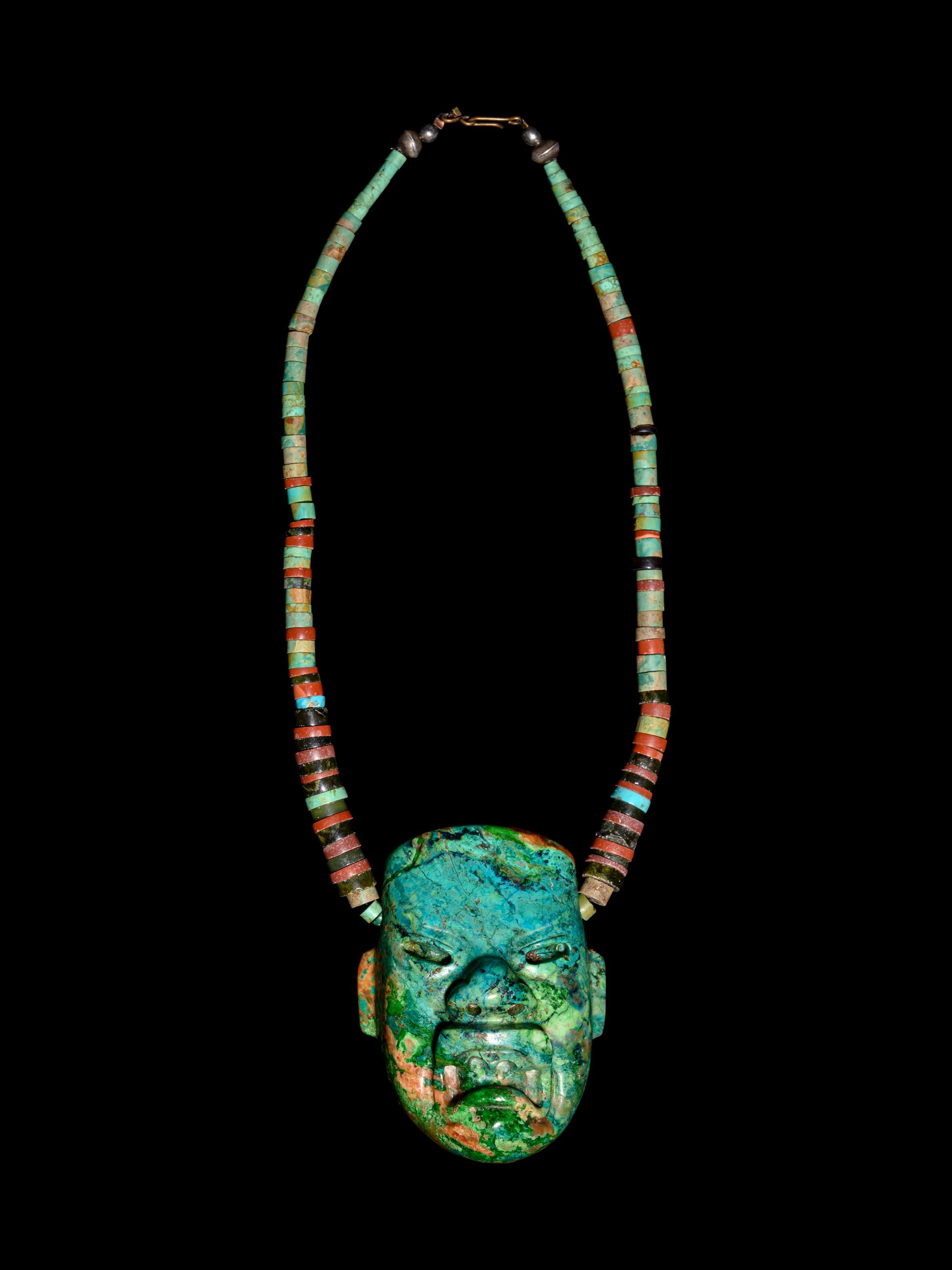A Modern Greenstone Necklace with Olmec Style Were-Jaguar Mask