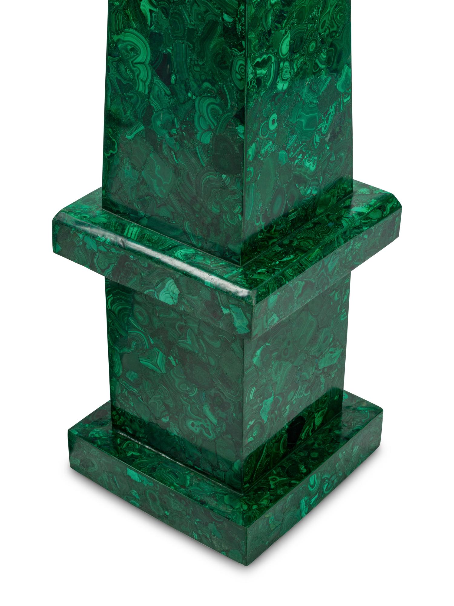 A Pair of Monumental Malachite Veneered Obelisks