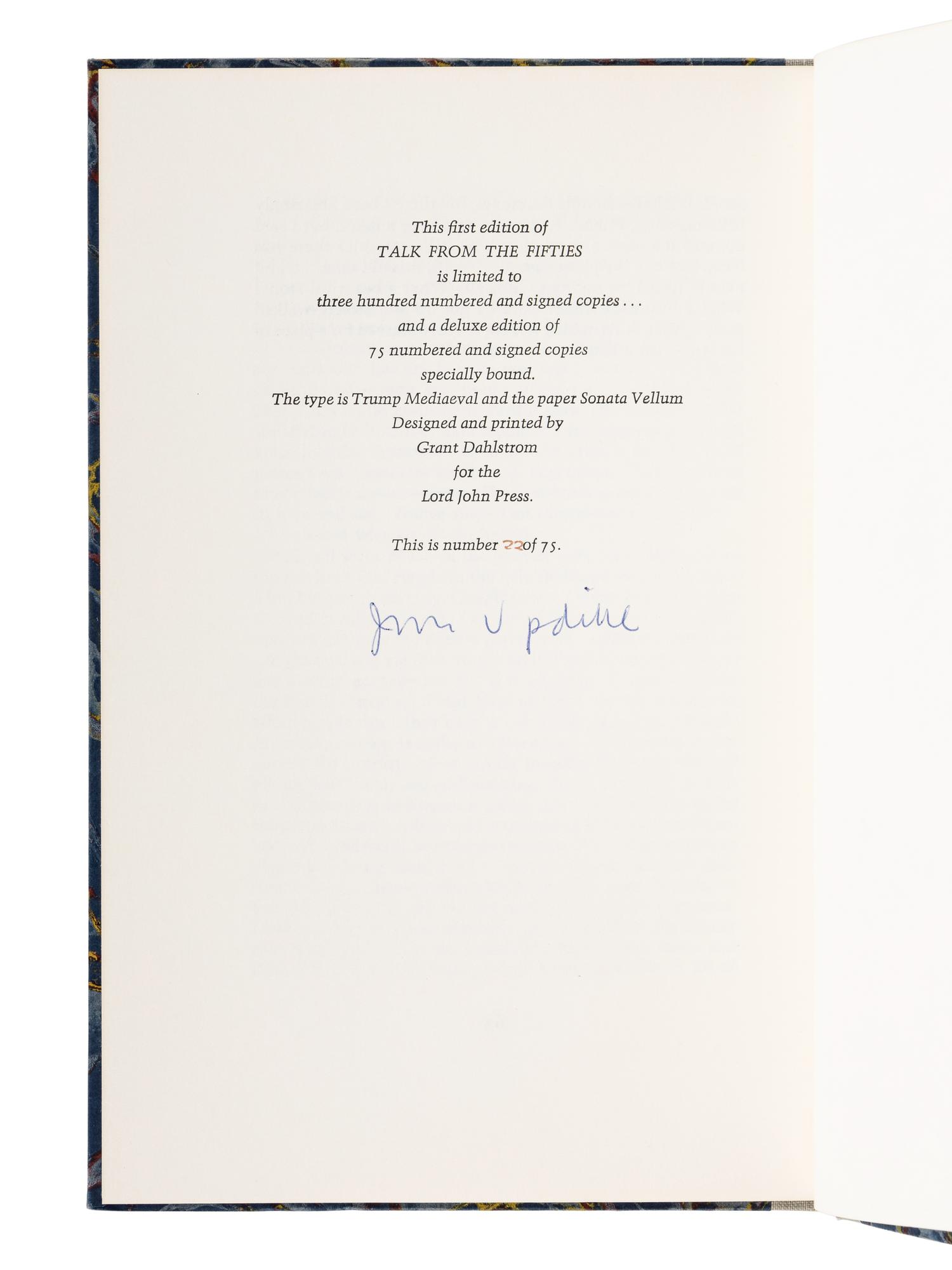 UPDIKE, John (1932-2009). A group of 9 Lord John Press limited editions of Updike’s works, ALL SIGNED, comprising: