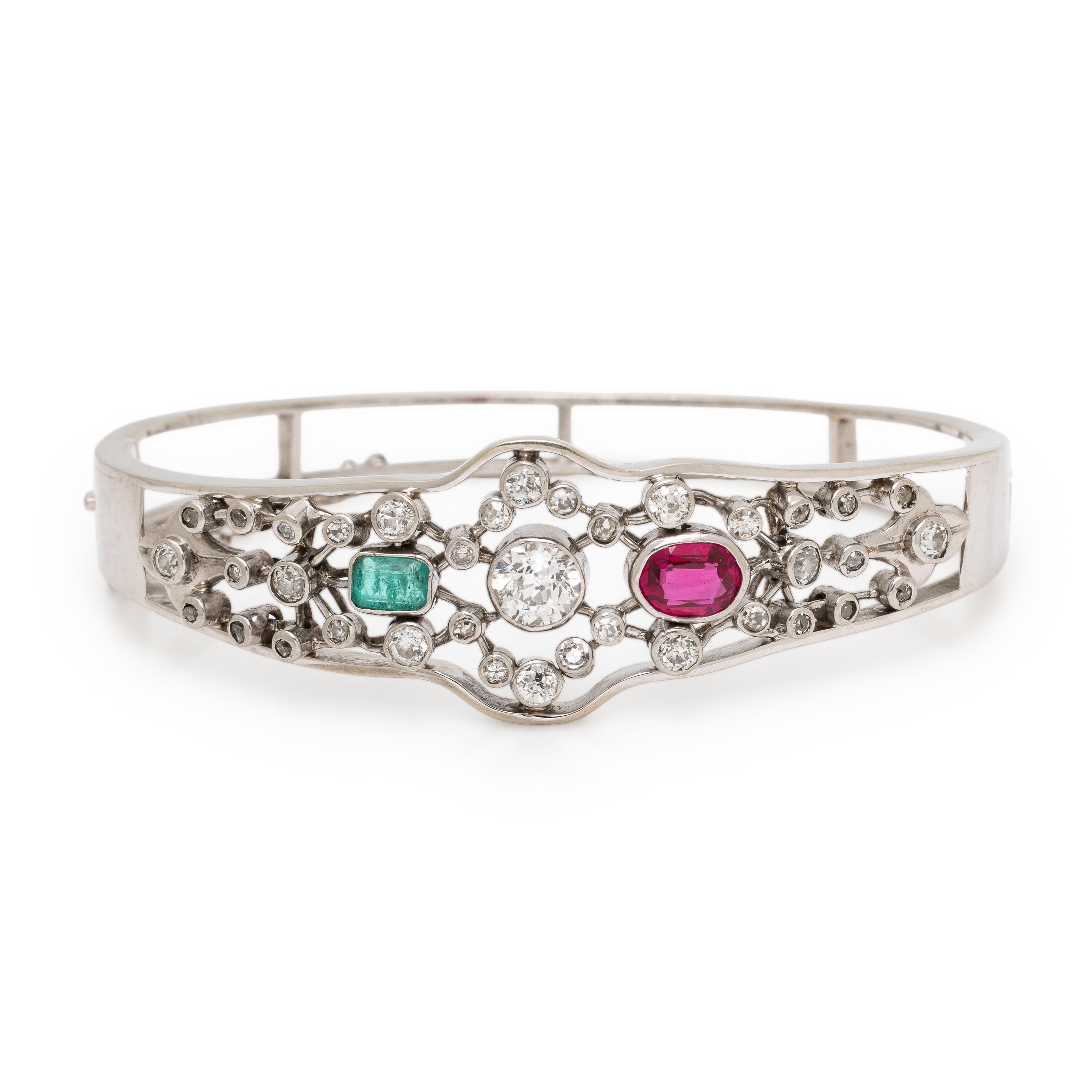 Diamond, White Gold, and Multigem Bangle Bracelet