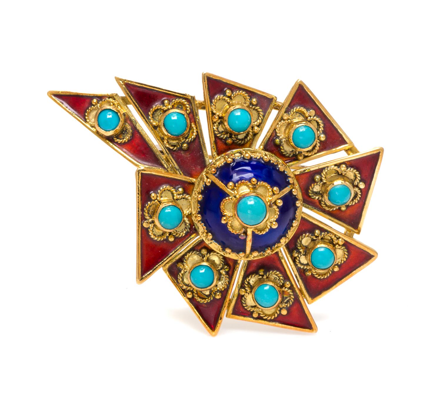 A Yellow Gold, Turquoise and Polychrome Enamel Brooch, 15.90 dwts.