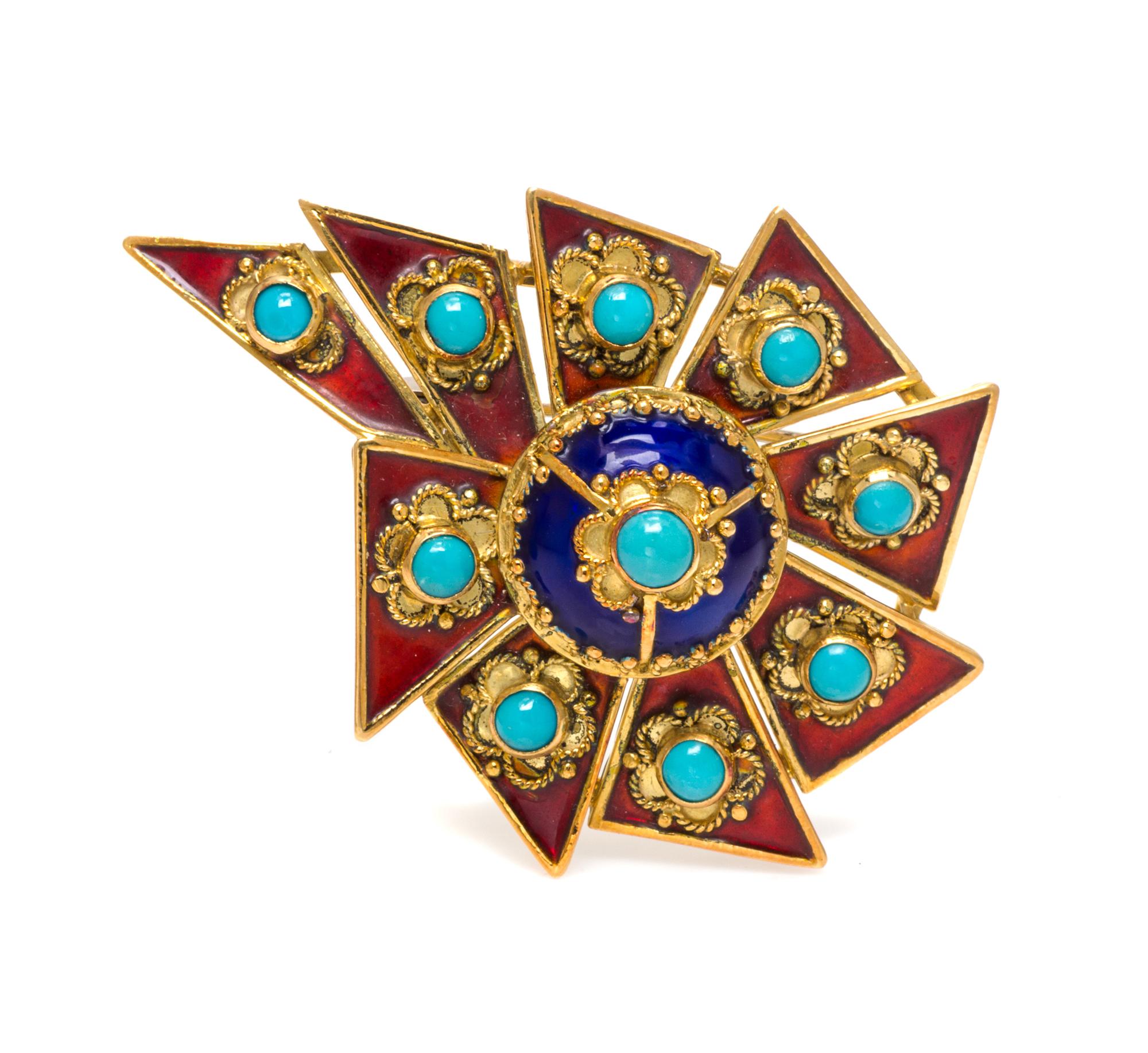 A Yellow Gold, Turquoise and Polychrome Enamel Brooch, 15.90 dwts.