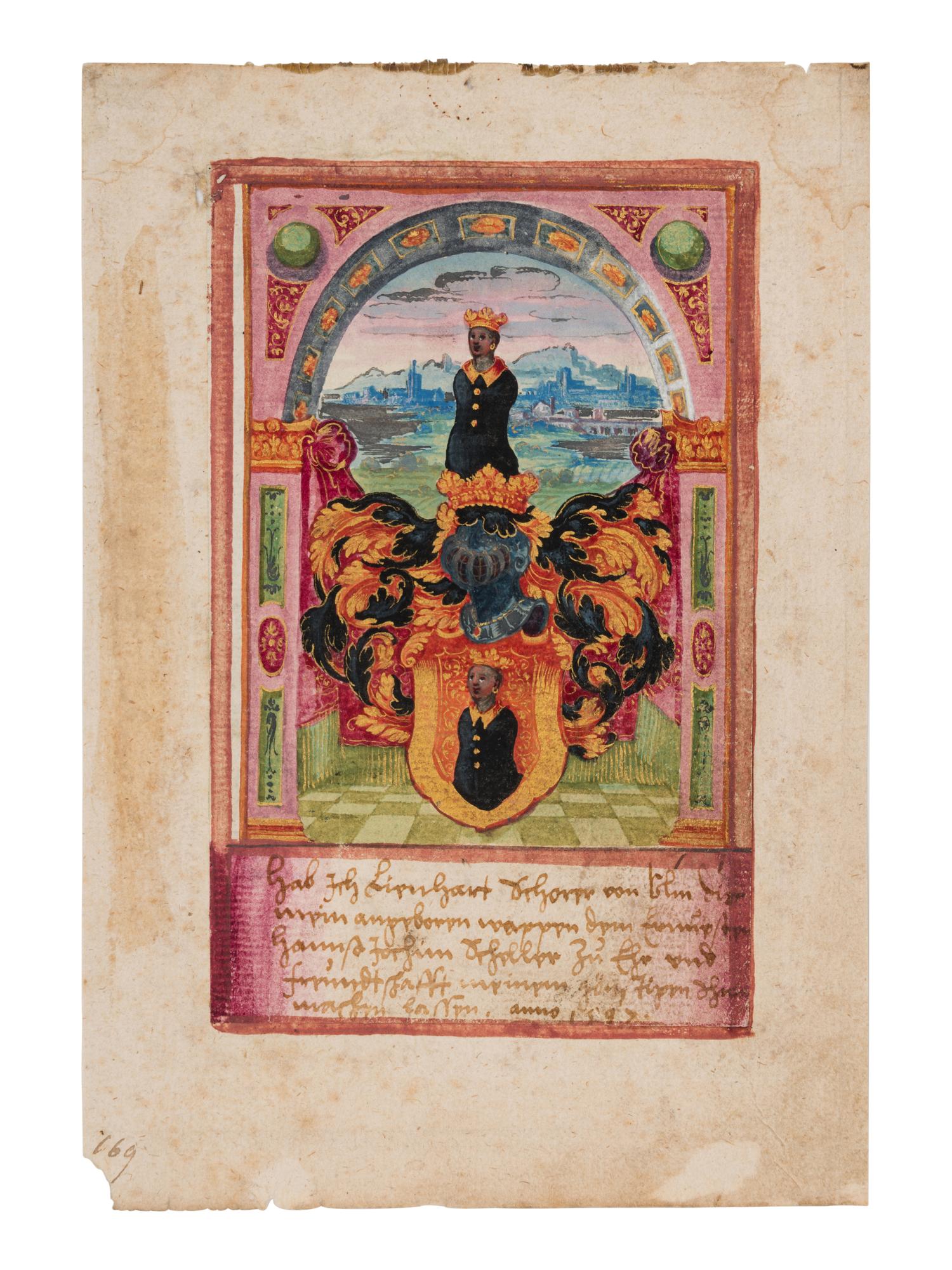 GERMAN PAINTER (SCHOPPS VON ULM?) A leaf from the Stammbuch ( Album amicorum ) of Jochim Schelles of Ulm, with two full-page miniatures, in German, illuminated manuscript on paper [Southern Germany, Ulm, 1587]