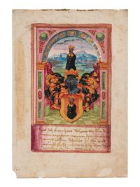 GERMAN PAINTER (SCHOPPS VON ULM?) A leaf from the Stammbuch ( Album amicorum ) of Jochim Schelles of Ulm, with two full-page miniatures, in German, illuminated manuscript on paper [Southern Germany, Ulm, 1587]