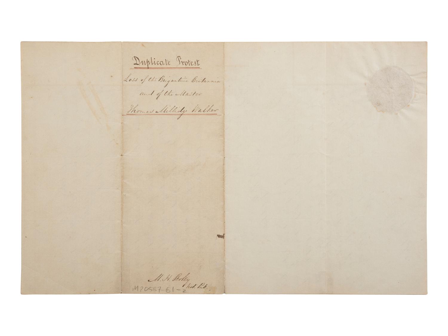 [SHIPWRECKS]. Manuscript testimony (court duplicate) of Thomas Kent, a Black man aboard the brigantine Britannia , wrecked off the coast of New Brunswick, British North America. 24 April 1835.
