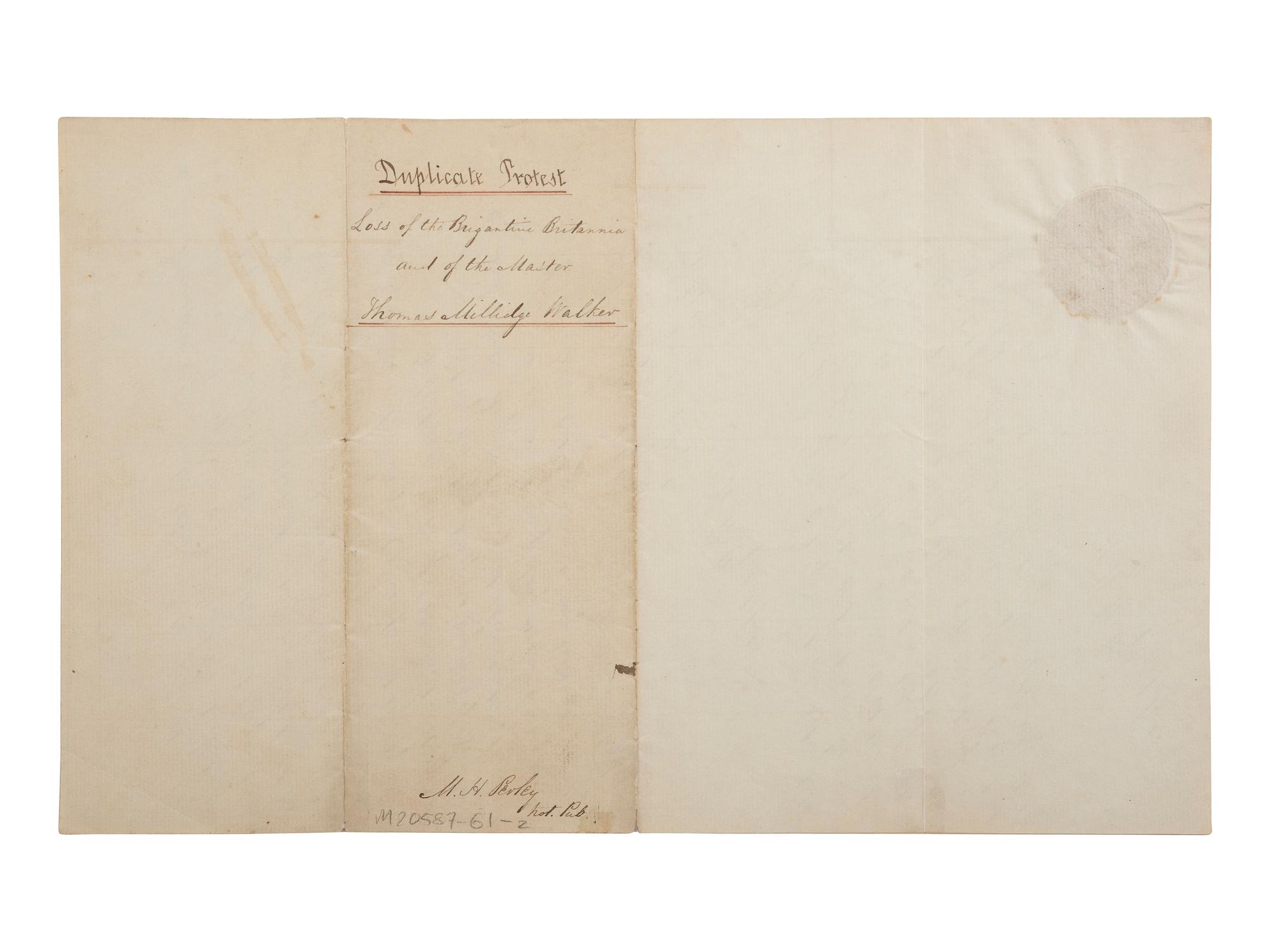 [SHIPWRECKS]. Manuscript testimony (court duplicate) of Thomas Kent, a Black man aboard the brigantine Britannia , wrecked off the coast of New Brunswick, British North America. 24 April 1835.
