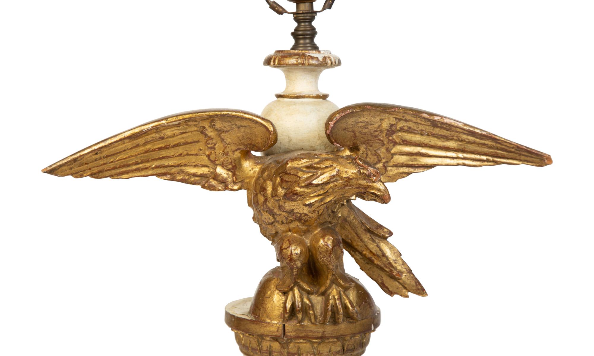 A Pair of Painted and Parcel Gilt Eagle Ornaments Mounted as Lamps