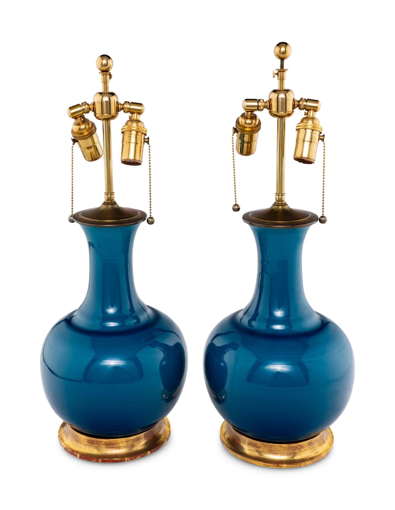 A Pair of Christopher Spitzmiller Blue-Glazed Table Lamps