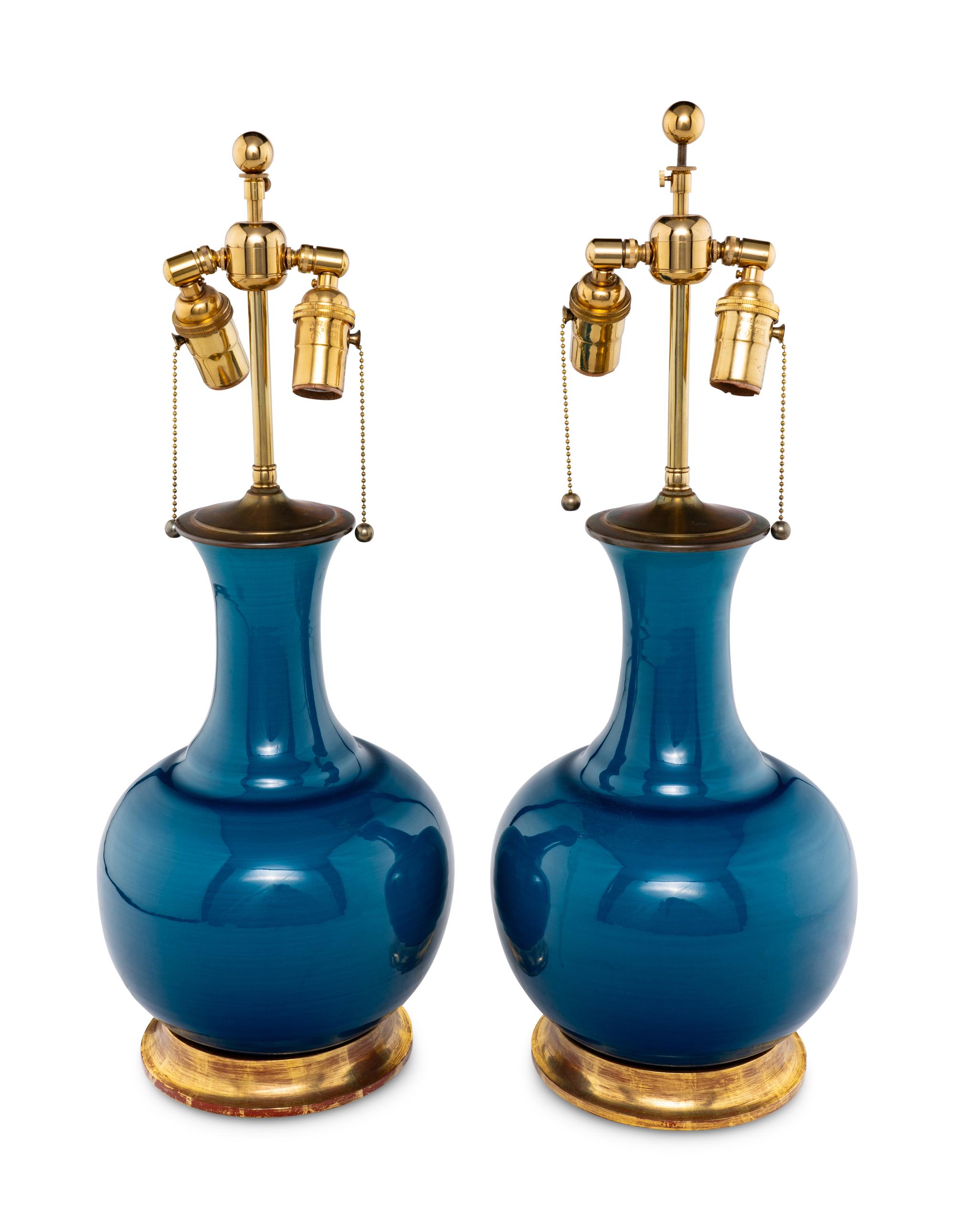 A Pair of Christopher Spitzmiller Blue-Glazed Table Lamps