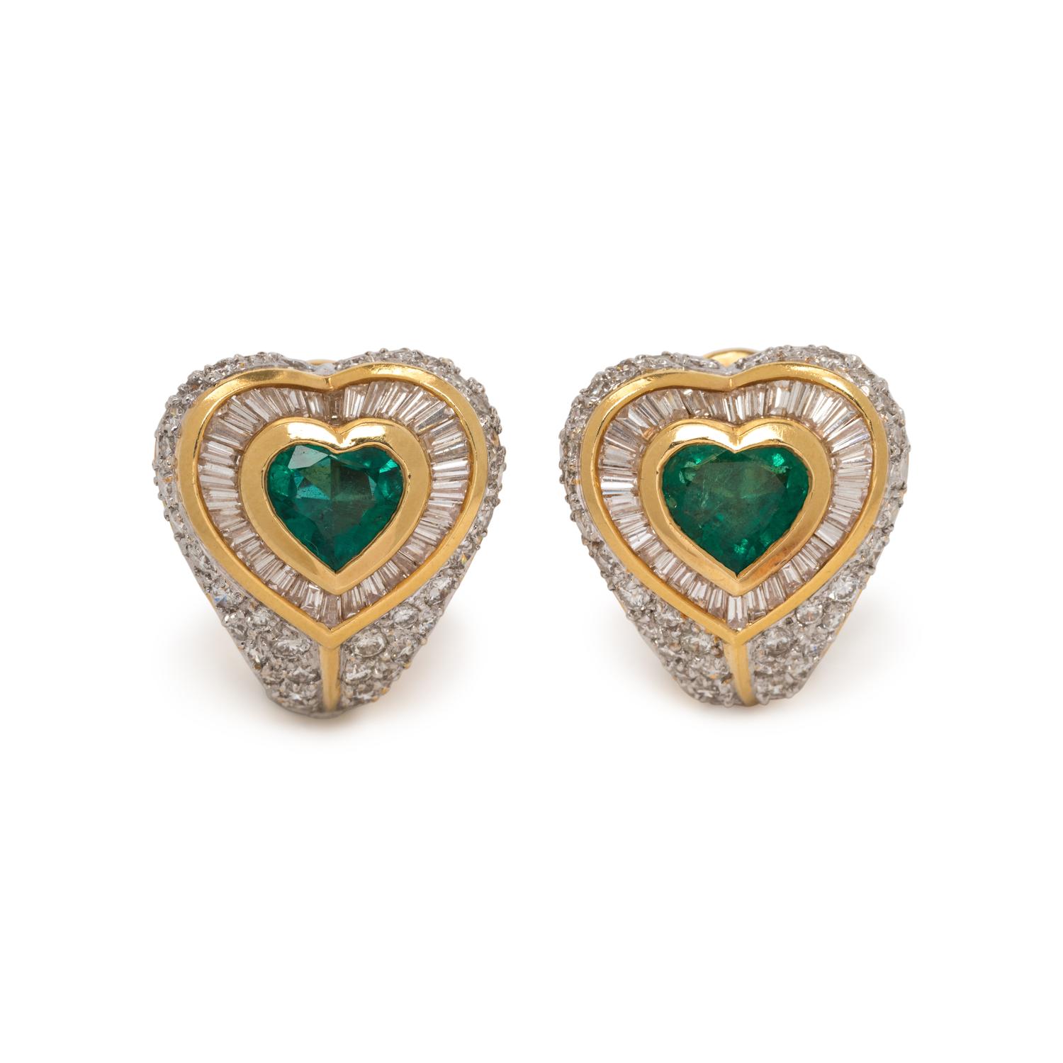 EMERALD AND DIAMOND HEART EARCLIPS
