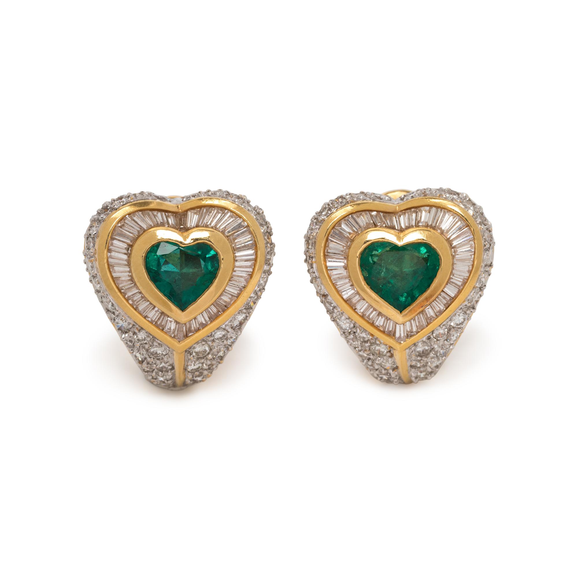 EMERALD AND DIAMOND HEART EARCLIPS