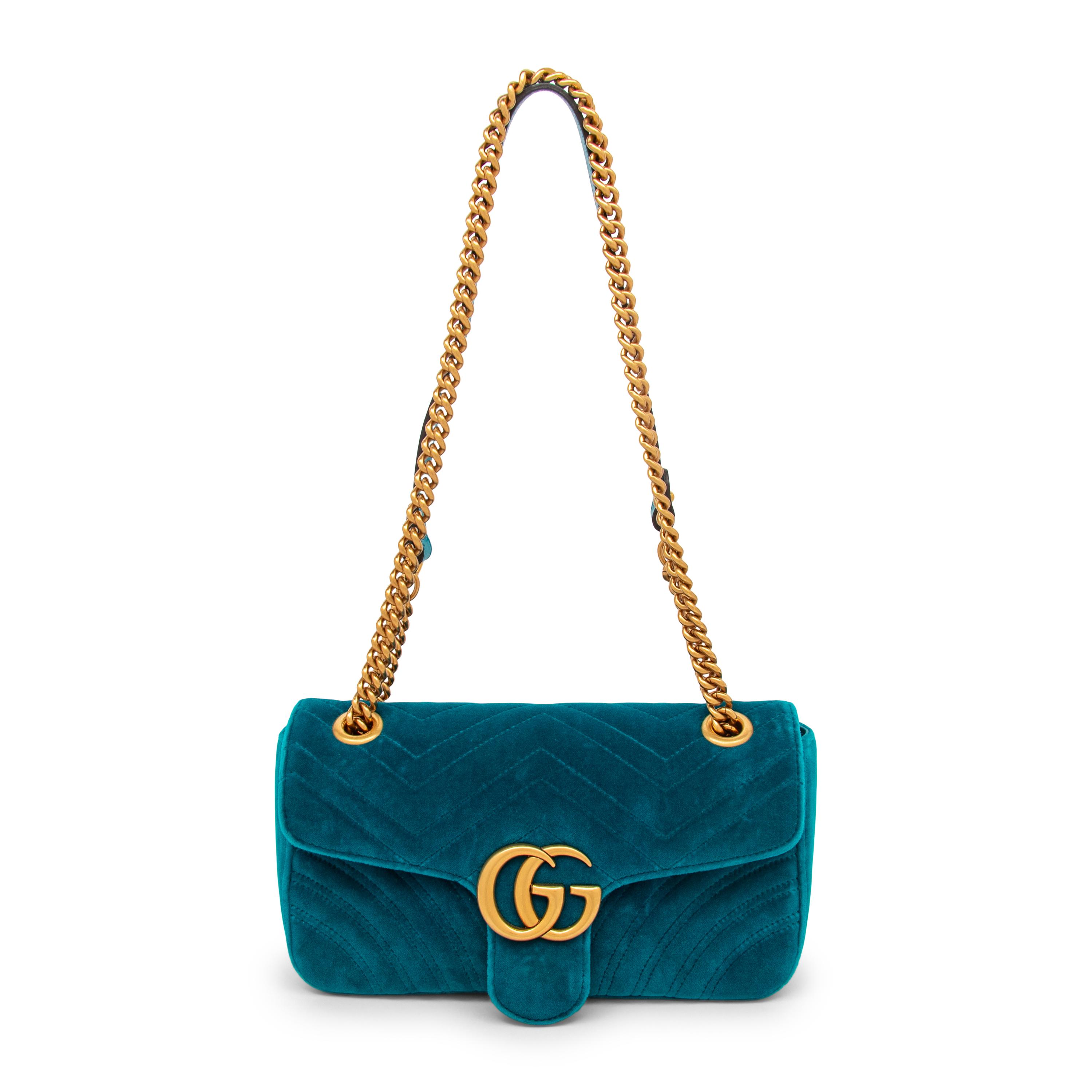 GUCCI, TEAL VELVET MARMONT BAG