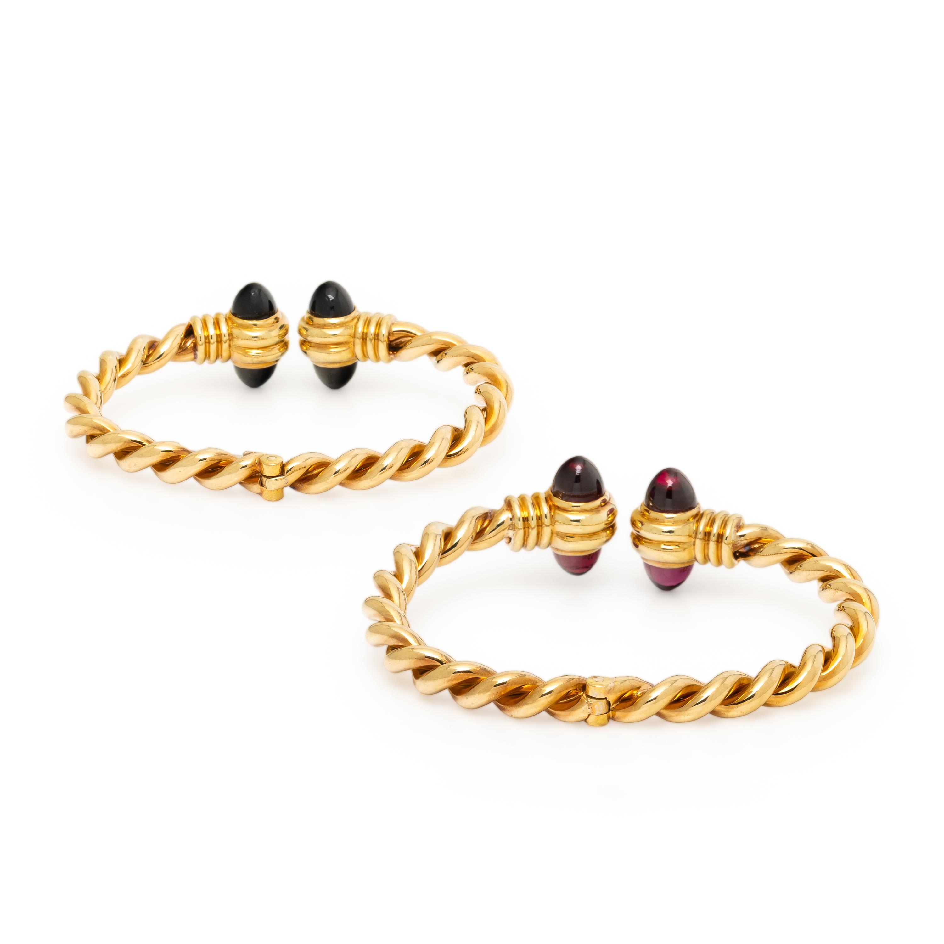 Pair of Yellow Gold, Garnet, and Green Tourmaline Cuff Bracelets