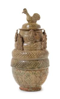 A Chinese Yueyao Green Glazed Pottery Funerary Jar and Cover, Hunping Height 13 inches. — SONG DYNASTY