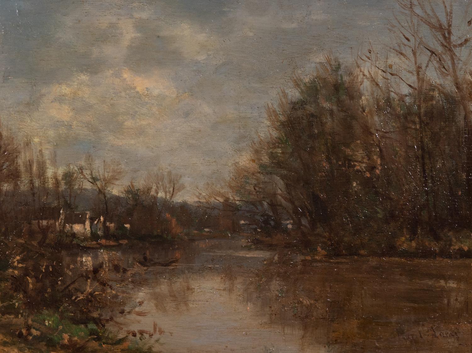 Barbizon School Untitled (Landscape with River) oil on wood panel signed (lower right)