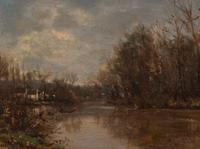 Barbizon School Untitled (Landscape with River) oil on wood panel signed (lower right)