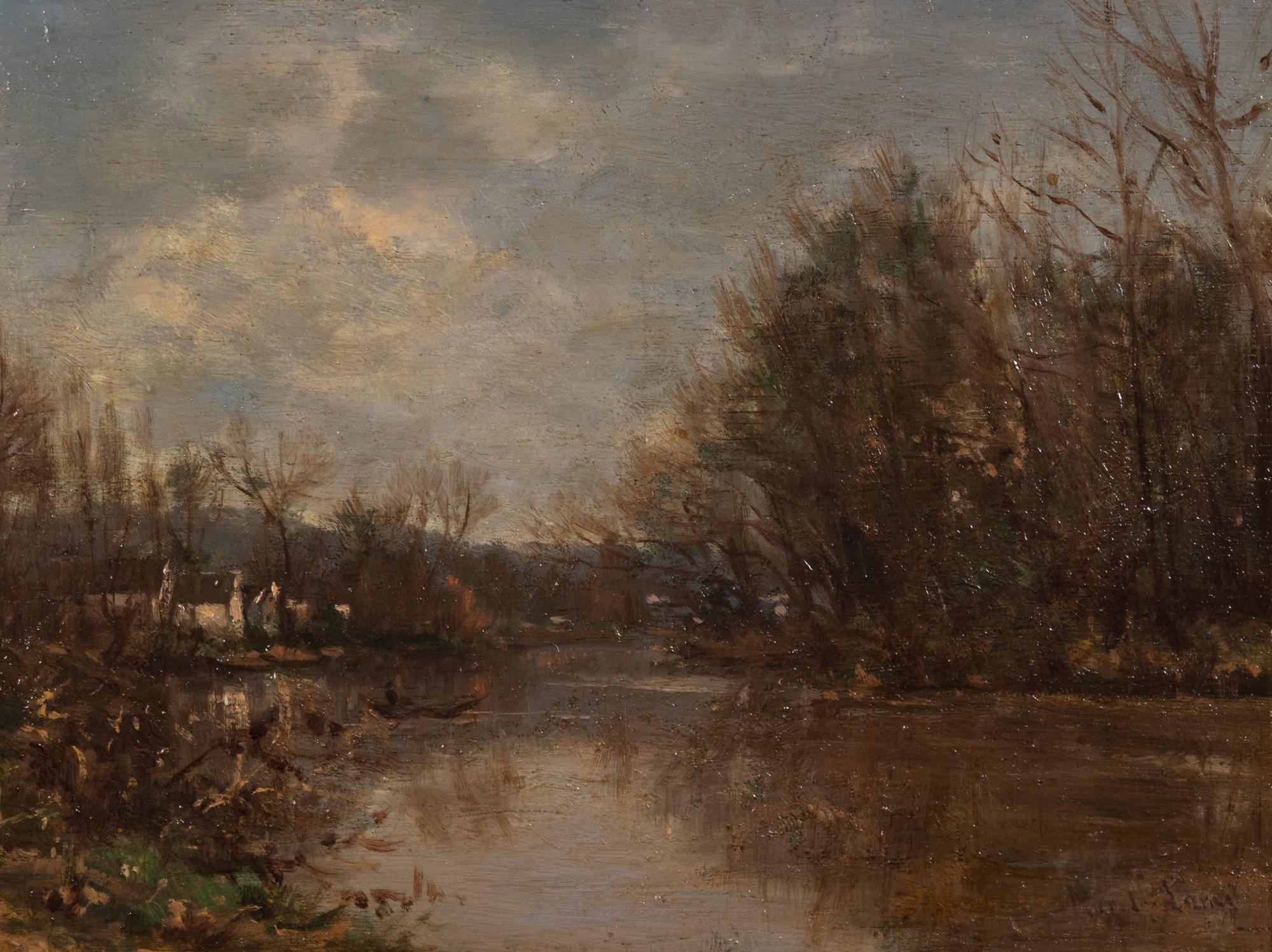 Barbizon School Untitled (Landscape with River) oil on wood panel signed (lower right)