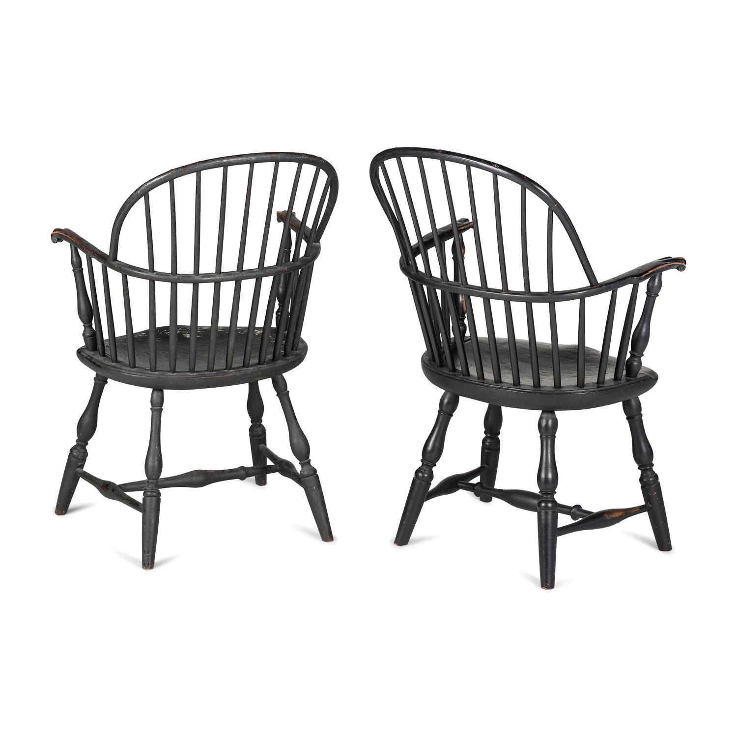 A Matched Pair of Paint Decorated Knuckle-Arm Sack Back Windsor Armchairs
