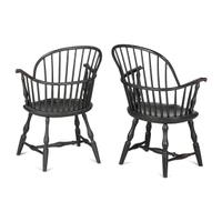 A Matched Pair of Paint Decorated Knuckle-Arm Sack Back Windsor Armchairs