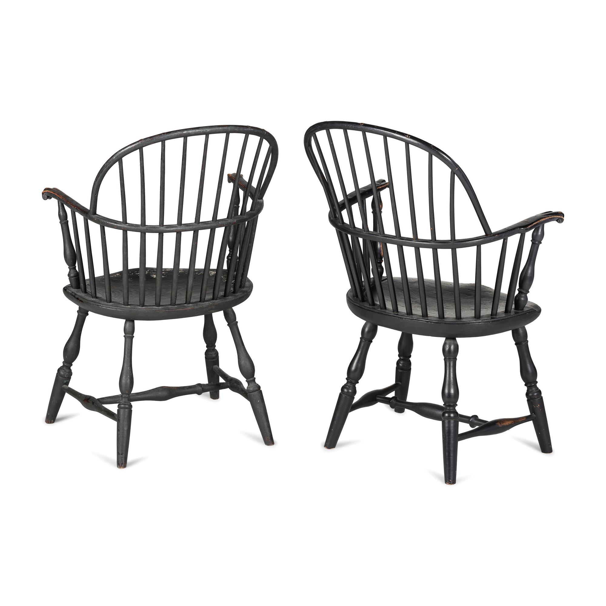 A Matched Pair of Paint Decorated Knuckle-Arm Sack Back Windsor Armchairs