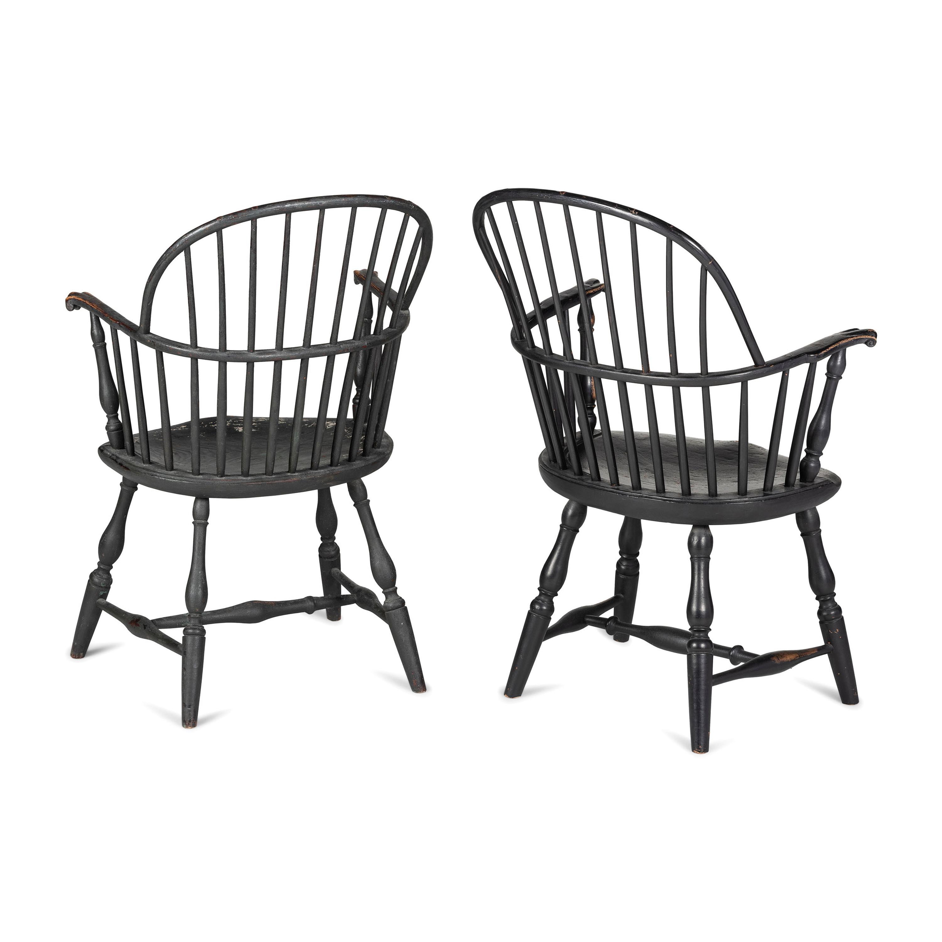 A Matched Pair of Paint Decorated Knuckle-Arm Sack Back Windsor Armchairs