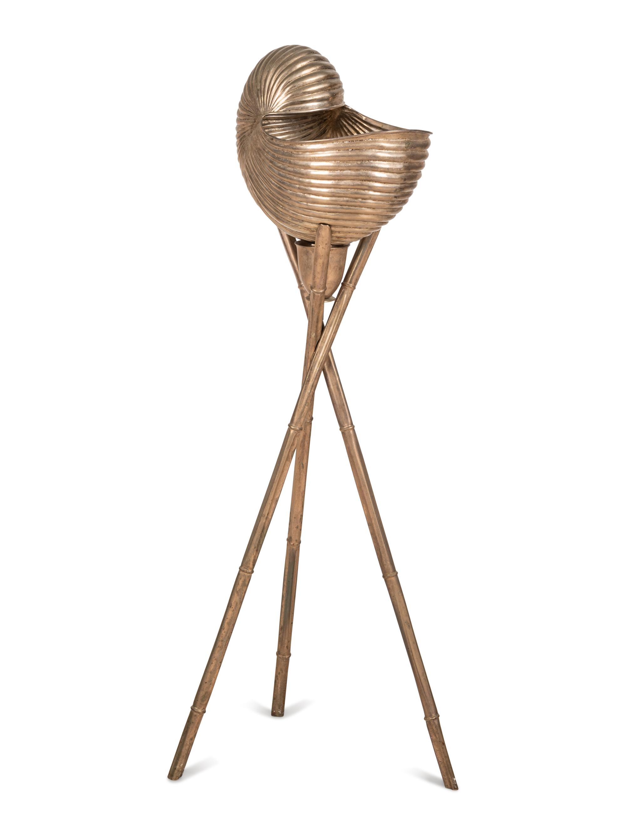 A Silvered Metal Shell Form Bowl on Stand